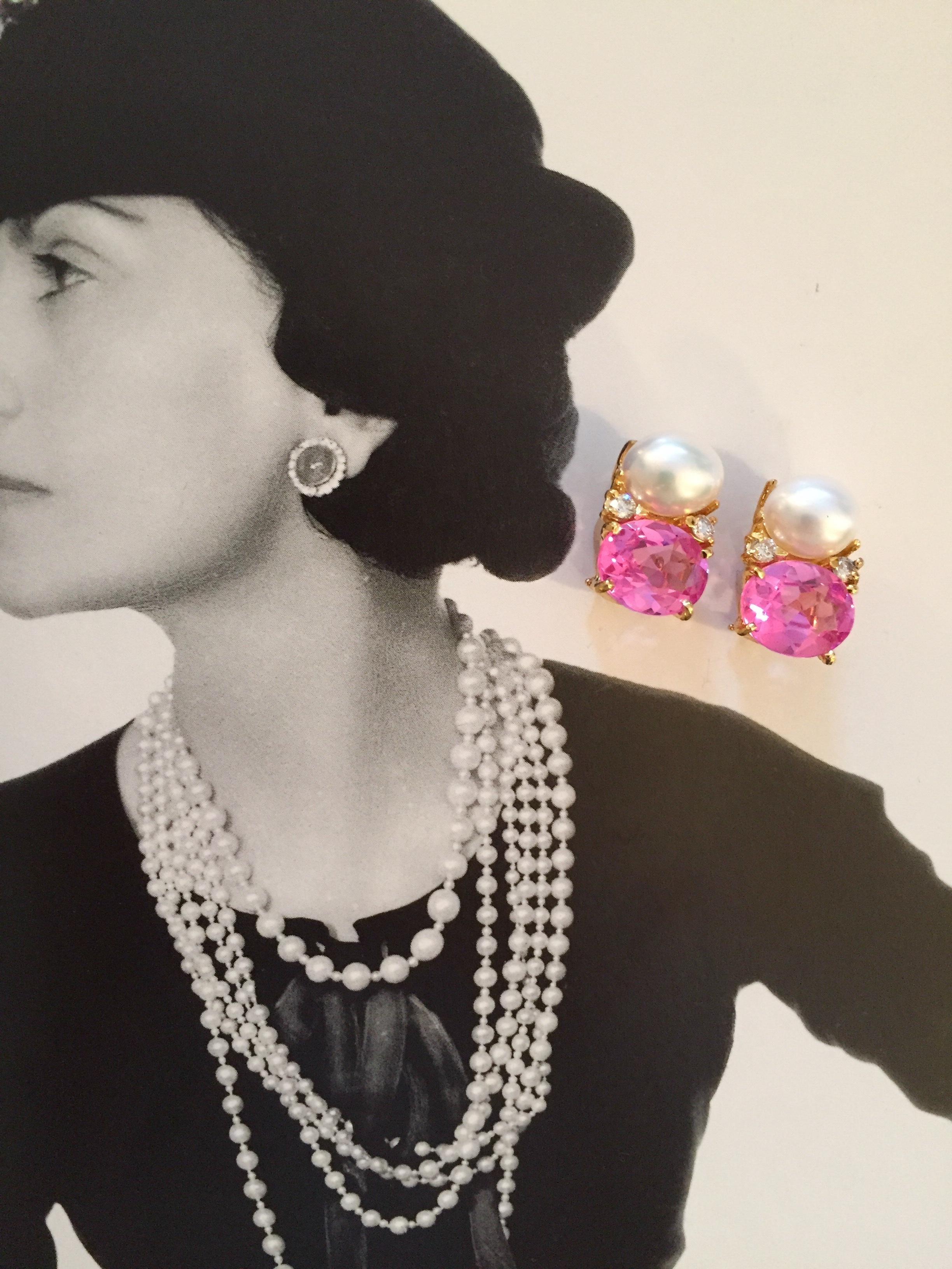 Gummi-Tropfen-Ohrringe mit Perlen und rosa Topas und Diamanten (Ovalschliff) im Angebot
