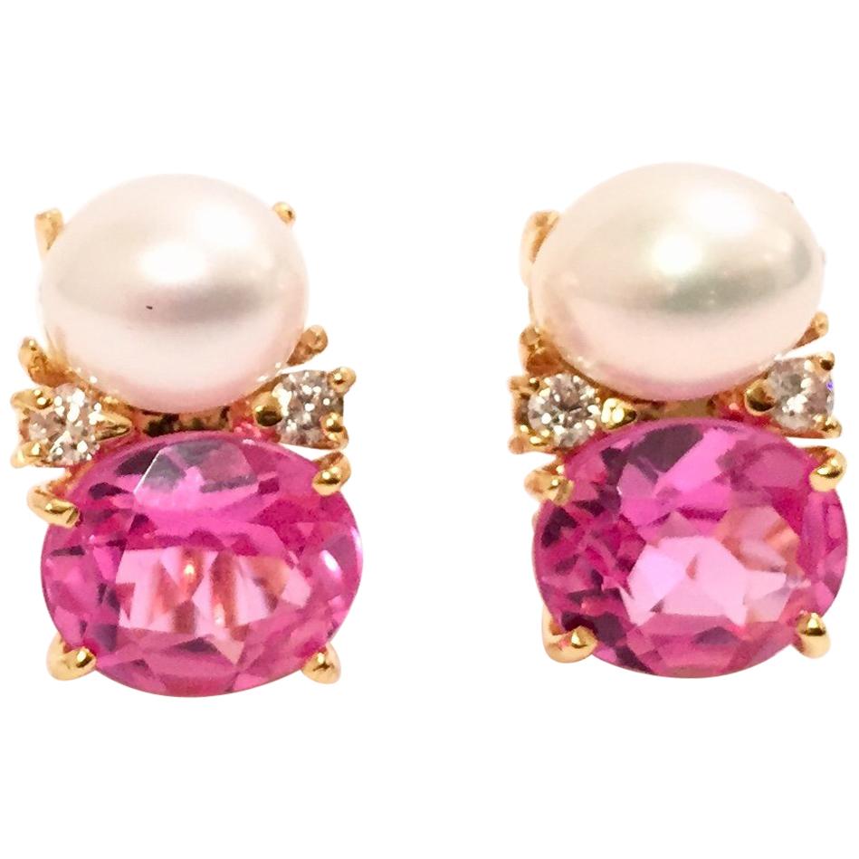 Gummi-Tropfen-Ohrringe mit Perlen und rosa Topas und Diamanten
