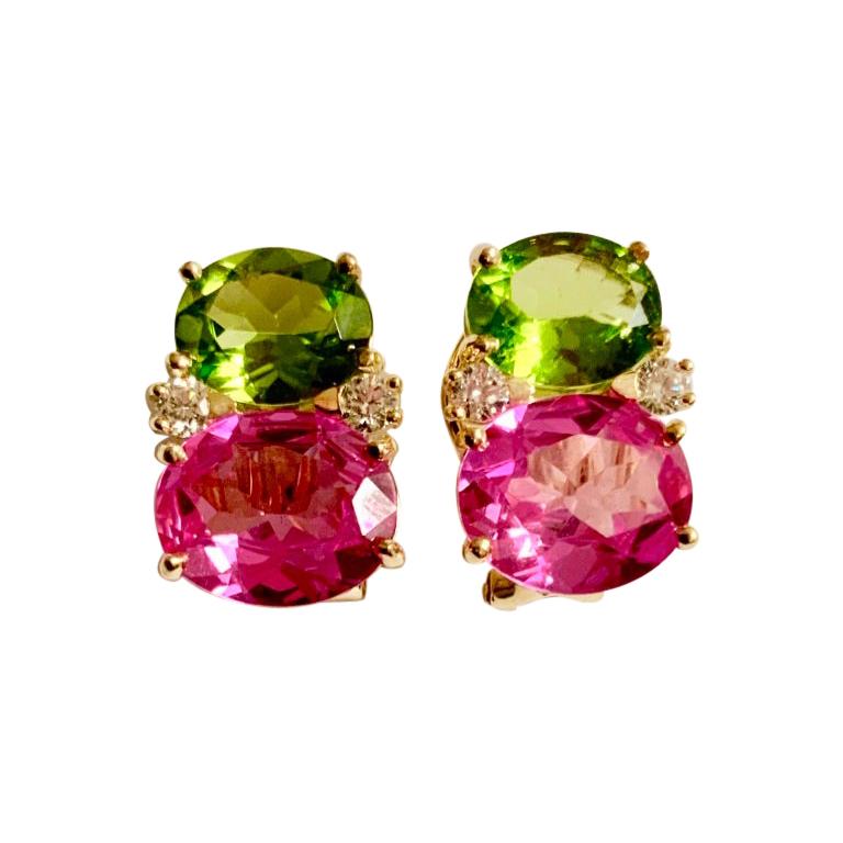 Medium Gum Drop Earrings with Peridot and Pink Topaz and Diamonds For Sale