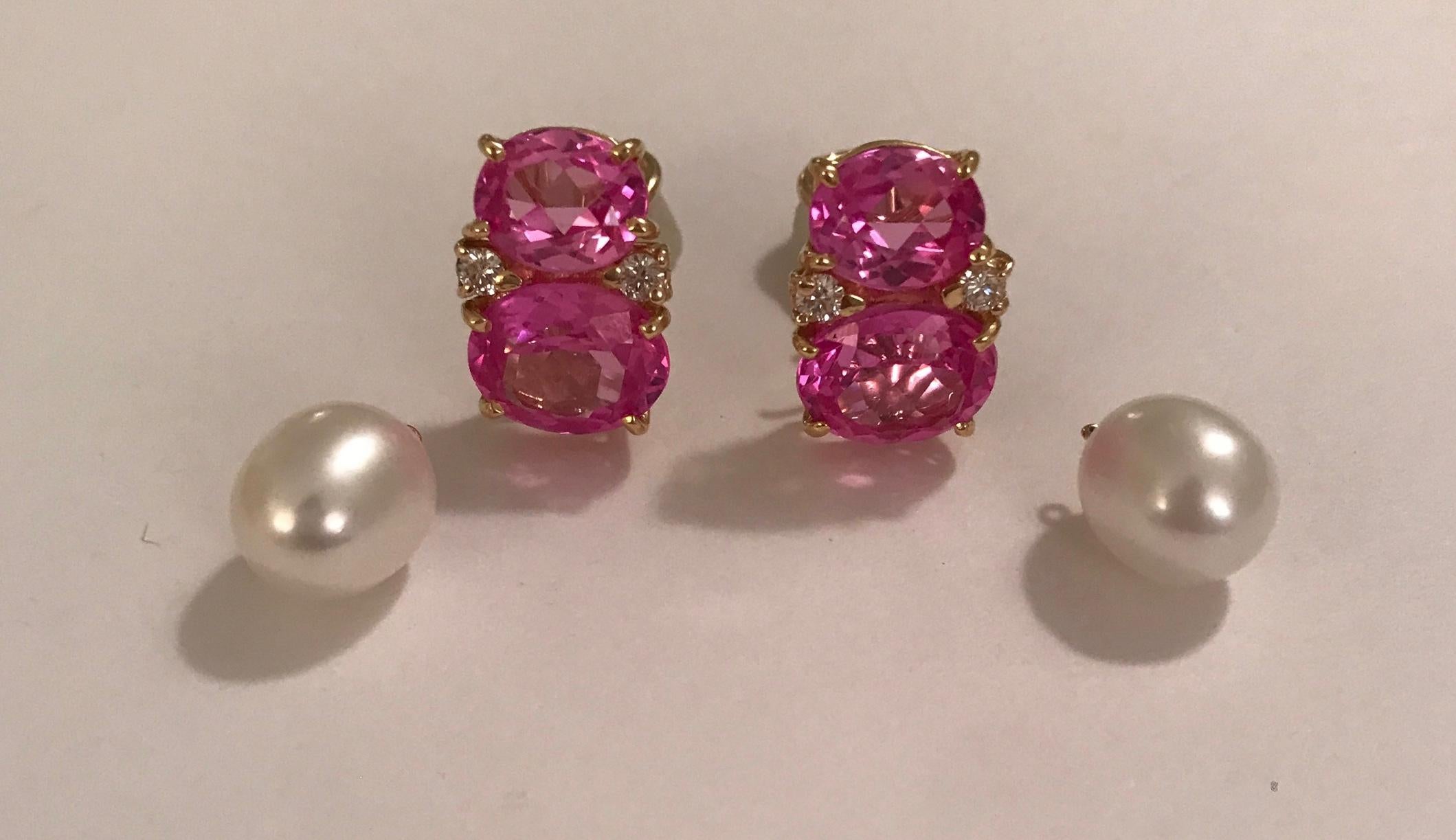 Cabochon Medium Gum Drop Earrings with Pink Topaz and Diamond with Detachable Pearls For Sale