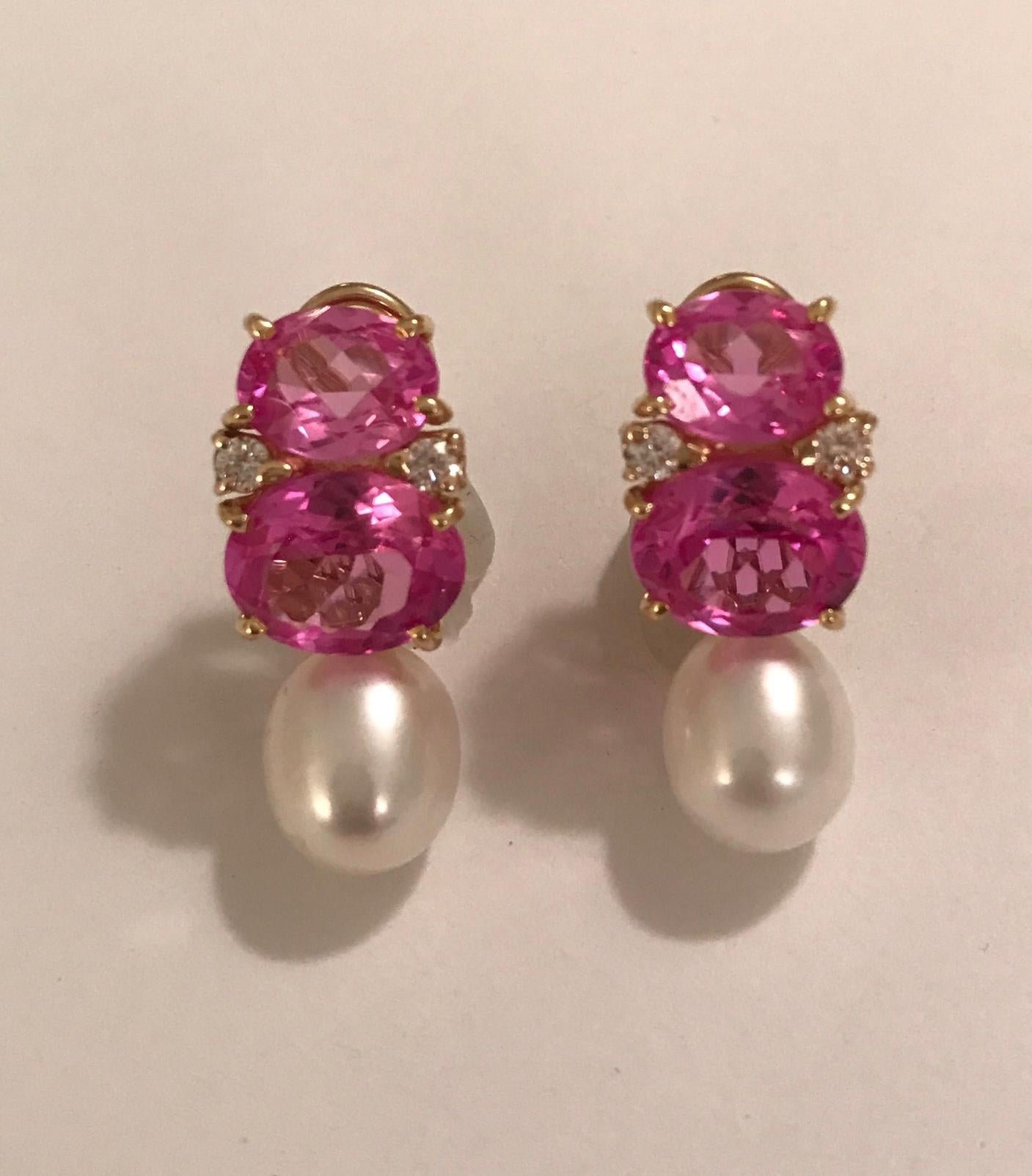 Medium Gum Drop Earrings with Pink Topaz and Diamond with Detachable Pearls For Sale 1