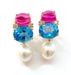 Medium Gum Drop Earrings with Pink Topaz and Diamond with Detachable Pearls