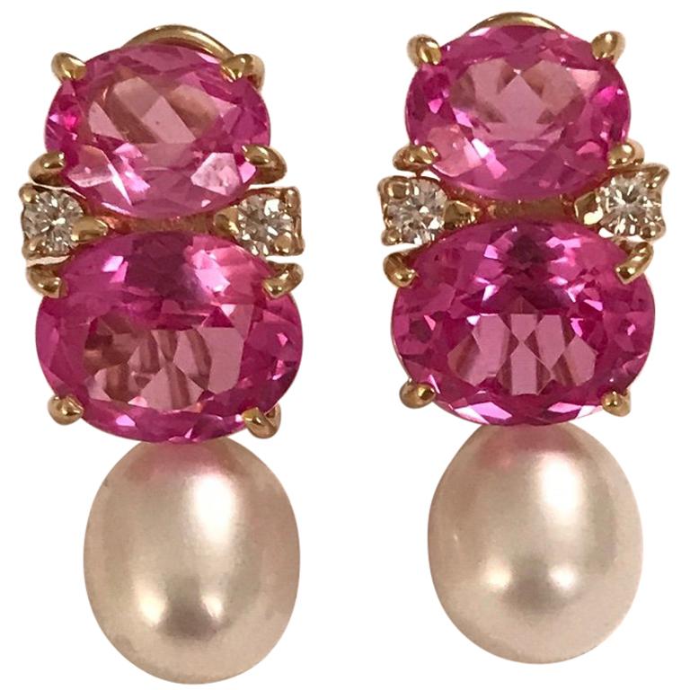 Medium Gum Drop Earrings with Pink Topaz and Diamond with Detachable Pearls For Sale