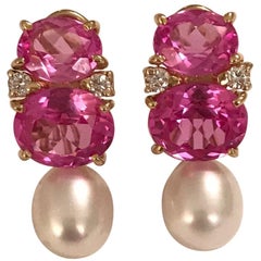 Medium Gum Drop Earrings with Pink Topaz and Diamond with Detachable Pearls