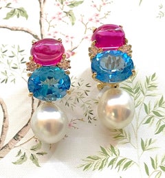 Medium Gum Drop Earrings with Pink Topaz Blue Topaz and Detachable Pearls