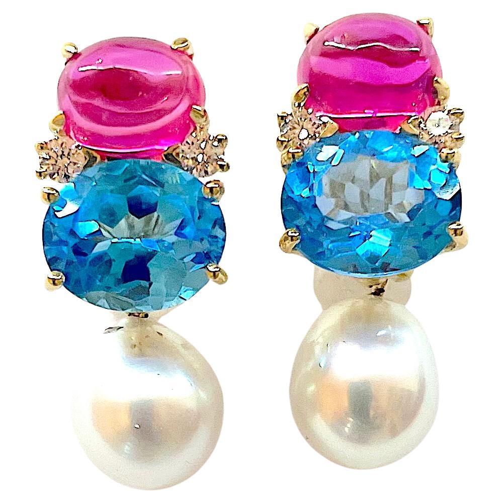 Medium Gum Drop Earrings with Pink Topaz Blue Topaz and Detachable Pearls For Sale