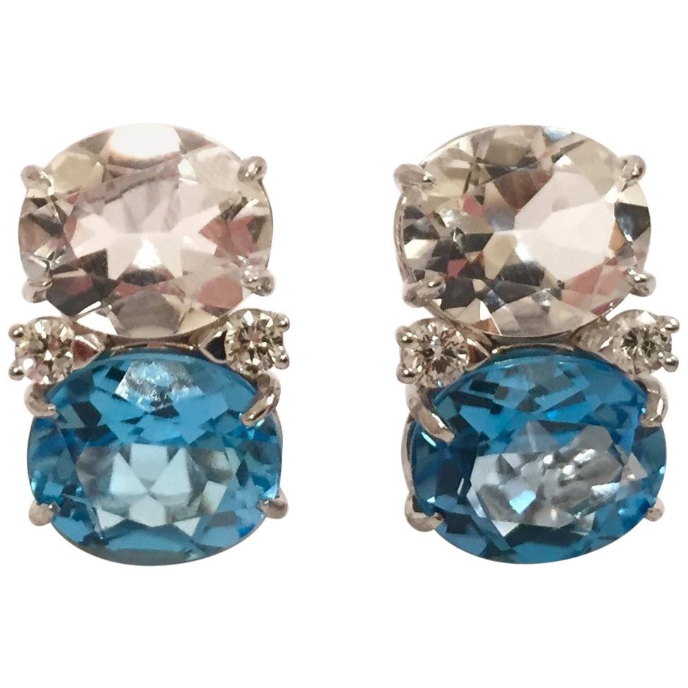 Medium GUM DROP Earrings with Rock Crystal and Blue Topaz and Diamonds For Sale