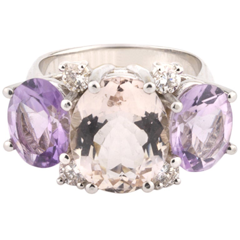 Medium Gum Drop Ring with Morganite and Rose De France Amethyst and Diamonds For Sale 7