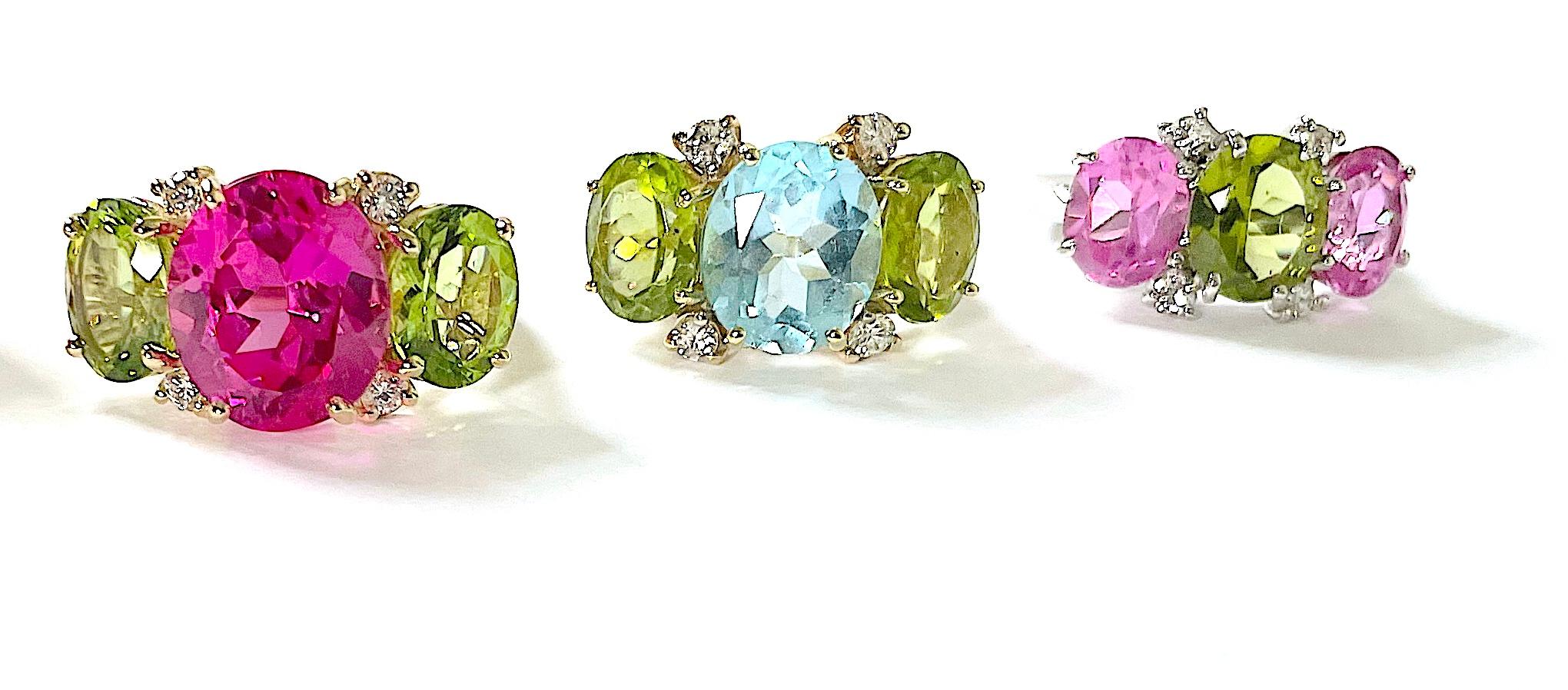 Medium GUM DROP Ring with Pink Topaz and Peridot and Diamonds In New Condition For Sale In New York, NY