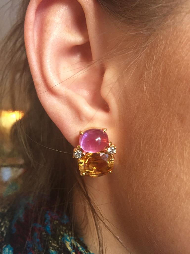 Women's Medium GUM DROP™ Earrings with Cabochon Pink Topaz, Citrine and Diamonds For Sale