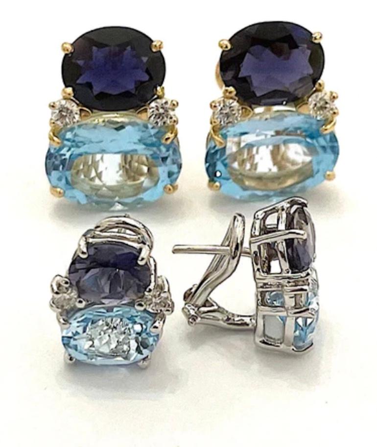 Contemporary Medium GUM DROP Earrings with Iolite and Blue Topaz and Diamonds For Sale