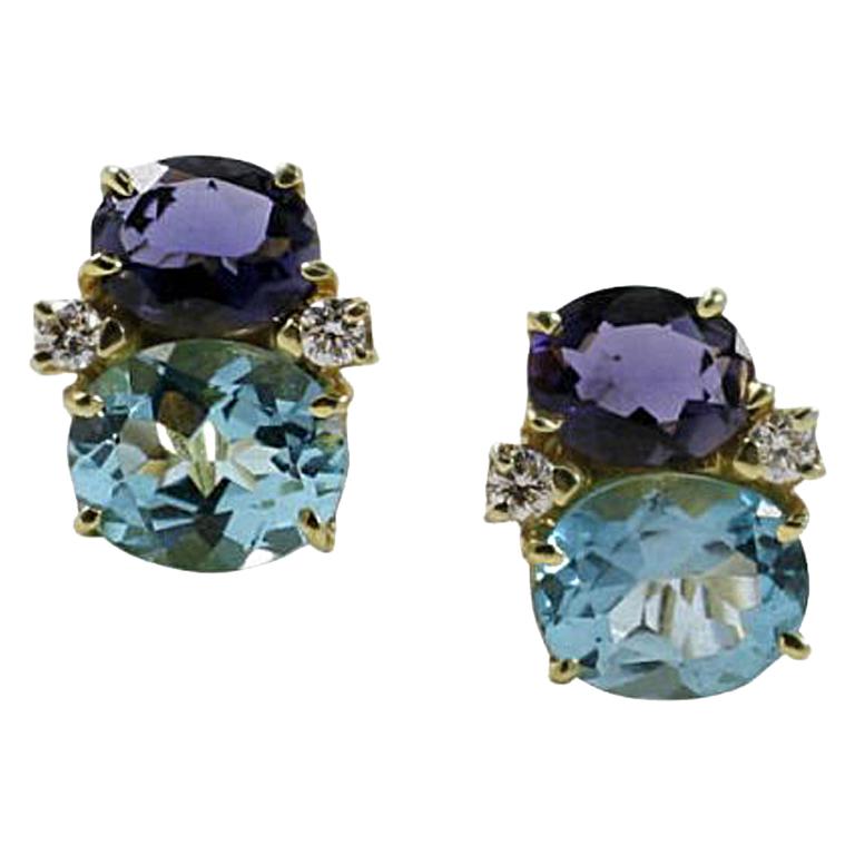 Medium GUM DROP Earrings with Iolite and Blue Topaz and Diamonds For Sale