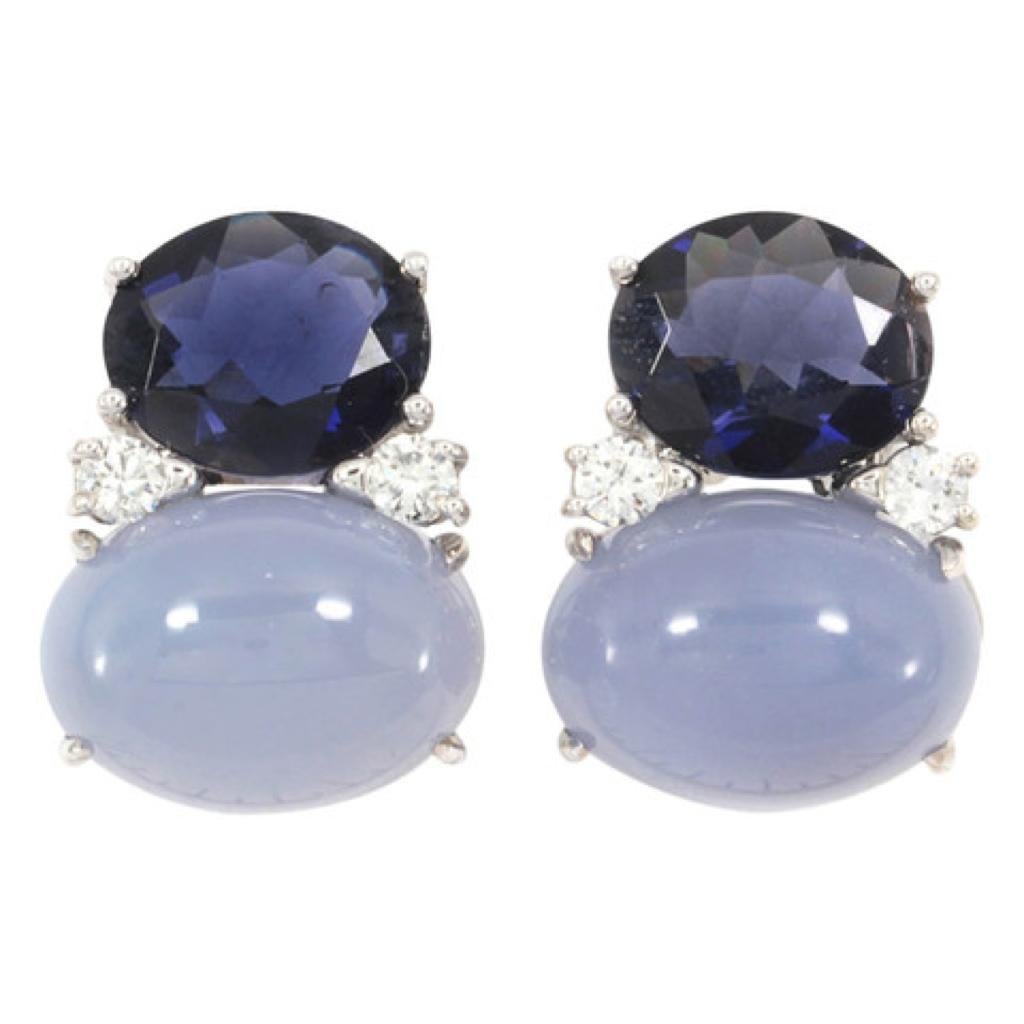 Medium GUM DROP™ Earrings with Iolite and Cabochon Chalcedony and Diamonds For Sale 2