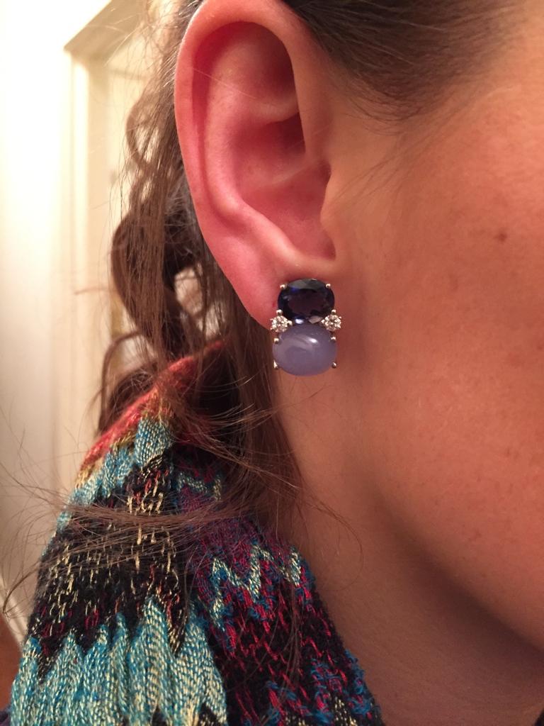Medium GUM DROP™ Earrings with Iolite and Cabochon Chalcedony and Diamonds For Sale 4