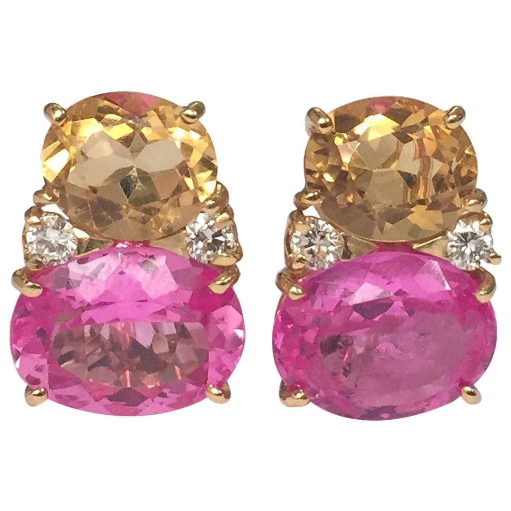 Medium GUM DROP™ Earrings with Pink Topaz and Peridot and Diamonds For Sale 3