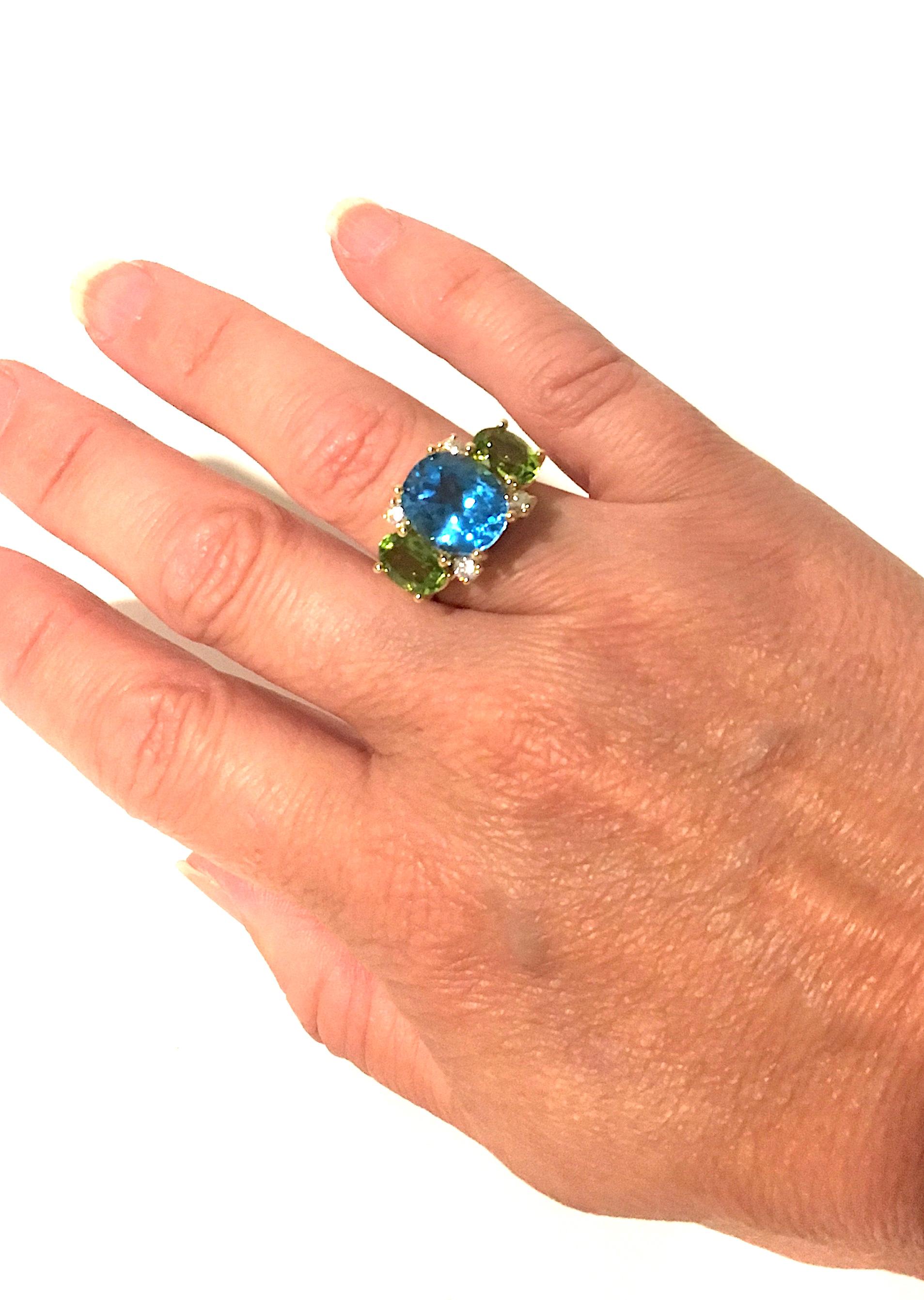 Oval Cut Christina Addison Medium Gum Drop Ring with Blue Topaz and Peridot Diamonds For Sale