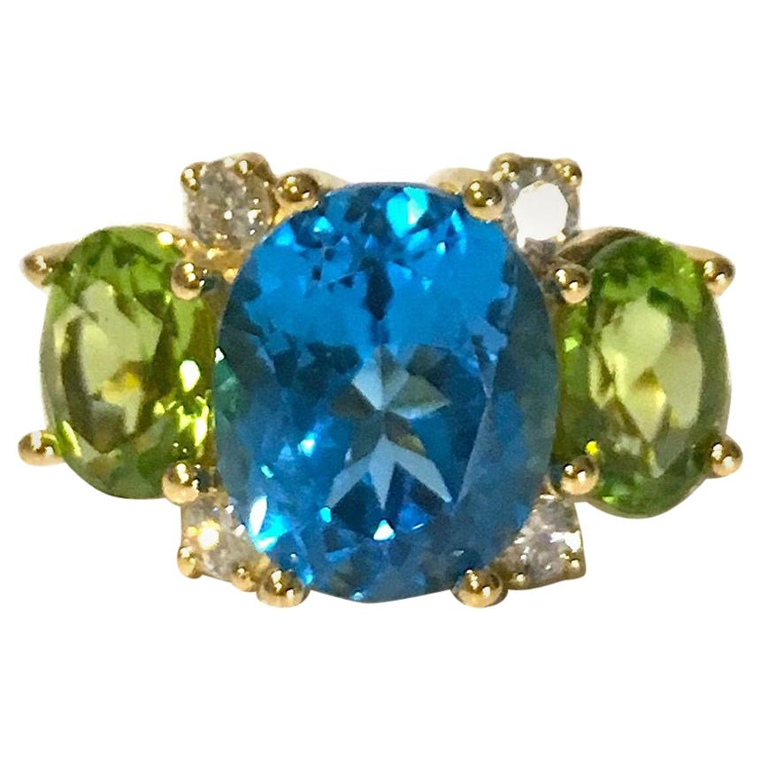 Medium Gum Drop Ring with Blue Topaz and Peridot Diamonds For Sale