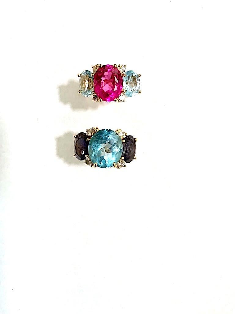 Contemporary Christina Addison Large GUM DROP Ring with Citrine and Blue Topaz and Diamonds For Sale