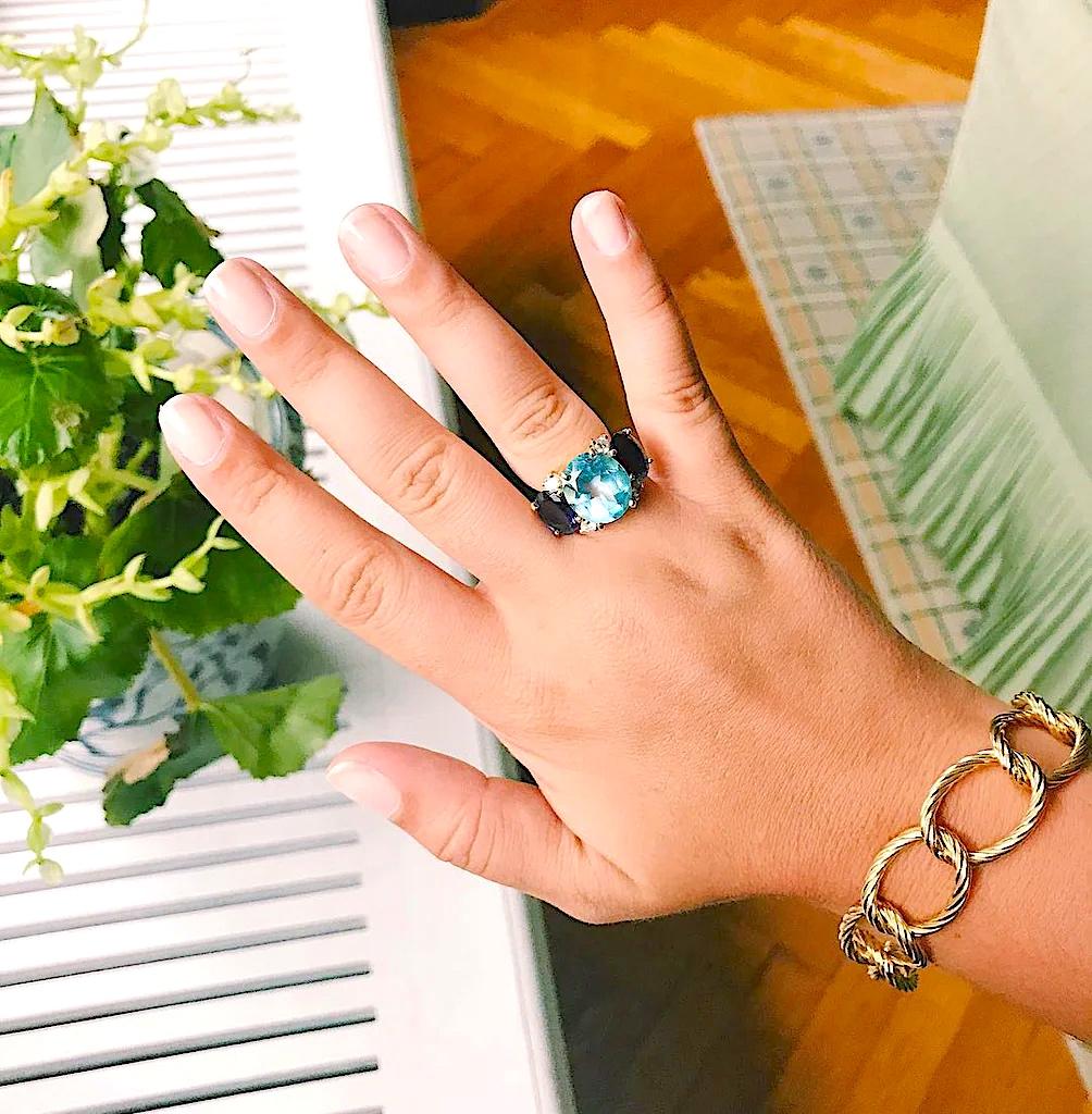 Christina Addison bespoke 18kt Large Three Stone Gum GUM DROP™ with Citrine (approximately ~8 cts) and two Pale Blue topaz(approximately ~10 cts total ) , and four diamonds weighing approximately ~.40 cts

This beautiful ring measures ~ 1