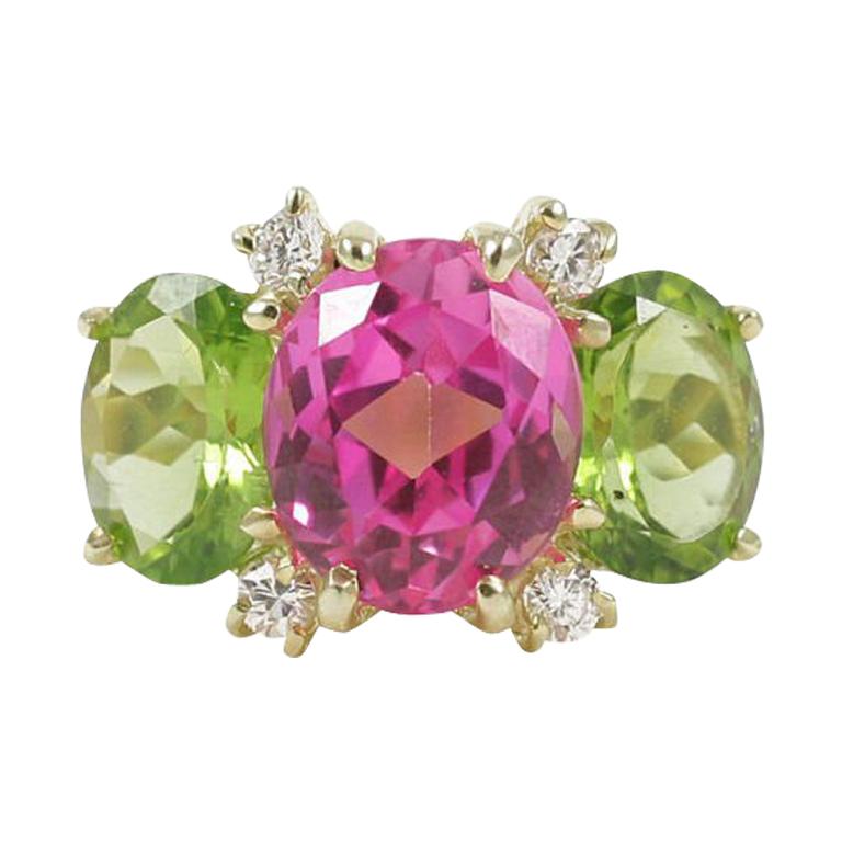 Medium GUM DROP Ring with Pink Topaz and Peridot and Diamonds For Sale