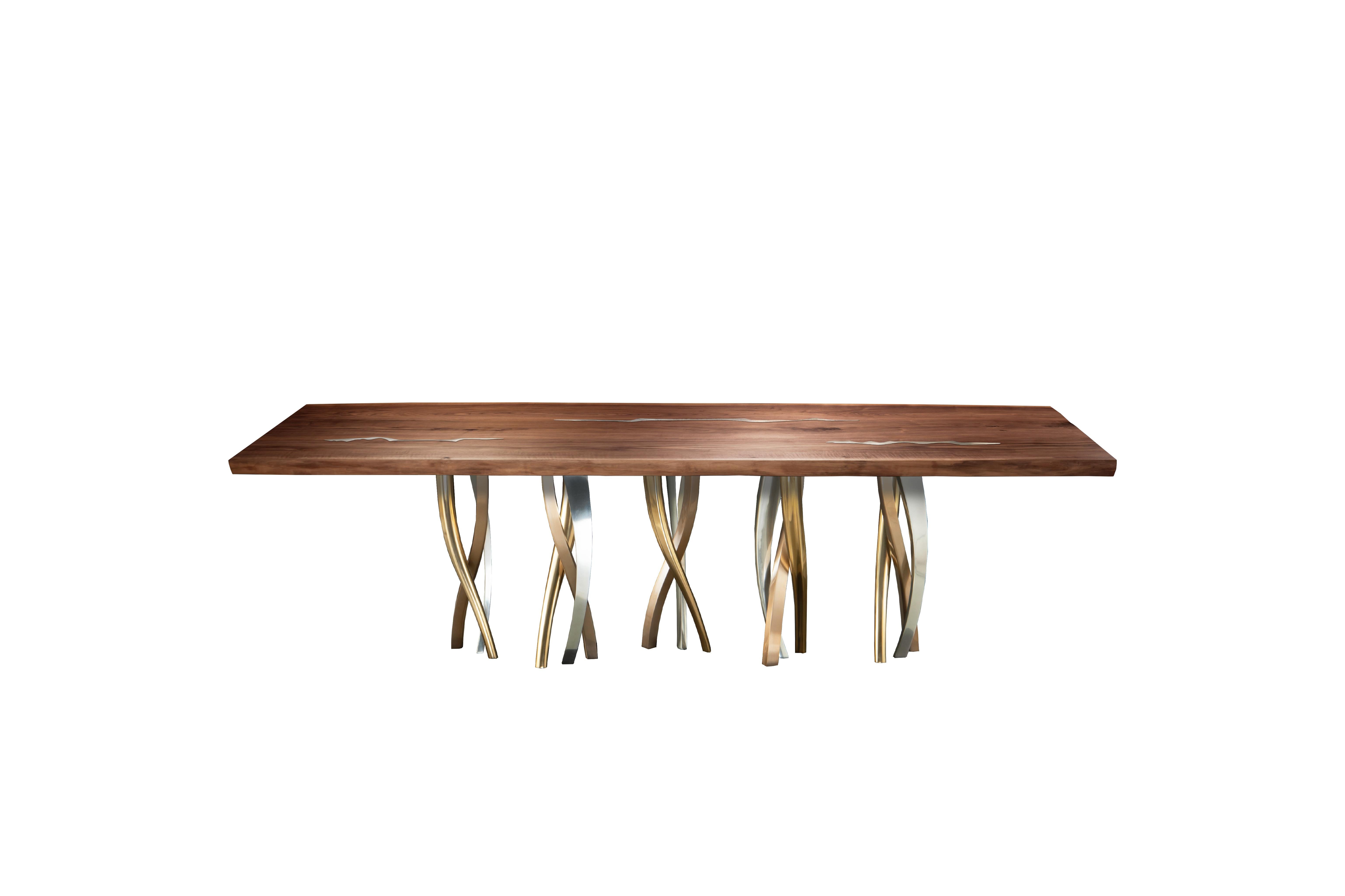 Medium Il Pezzo 8 Table by Il Pezzo Mancante
Dimensions:  W 300 x D 100 x H 75 cm
Materials: Top: 100% solid walnut  treated with natural oil, live edge + nickel plated brass inlays. Base:  bronze, satin brass, nickel castings
Weight: approx 200