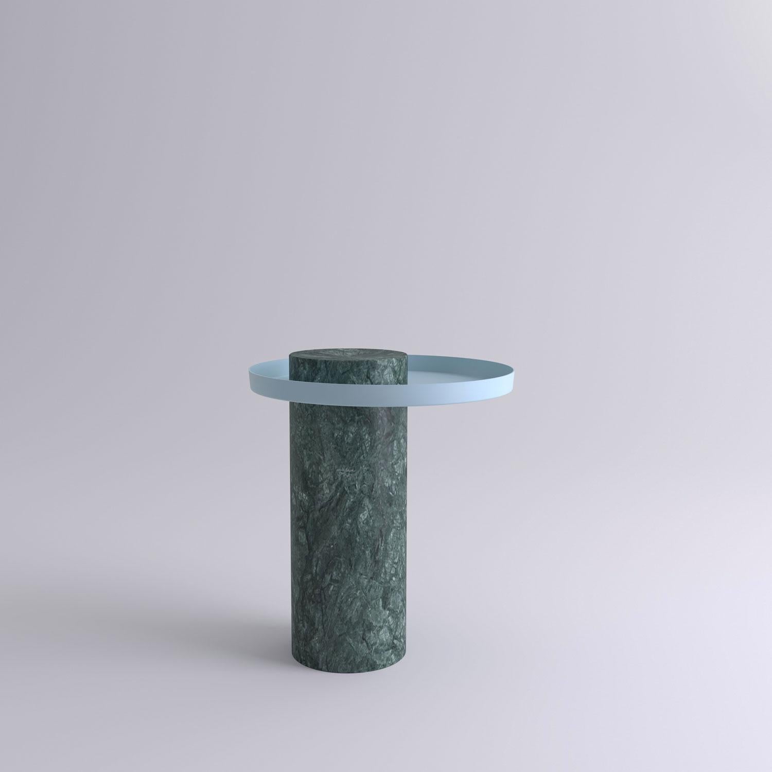 Medium Indian green contemporary guéridon, Sebastian Herkner
Dimensions: D 40 x H 46 cm.
Materials: Indian green marble, light blue metal tray.

The salute table exists in 3 sizes, 4 different marble stones for the column and 5 different