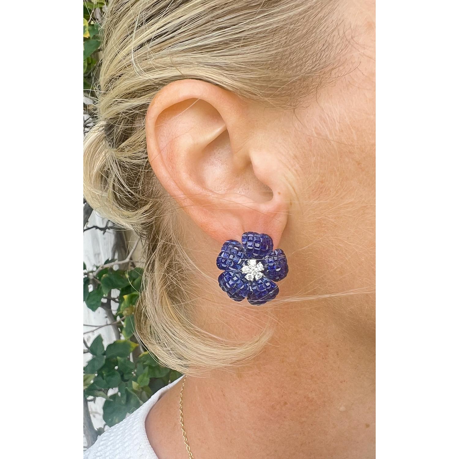 Brilliant Cut Medium Invisibly-Set Sapphire Diamond Flower Earrings For Sale