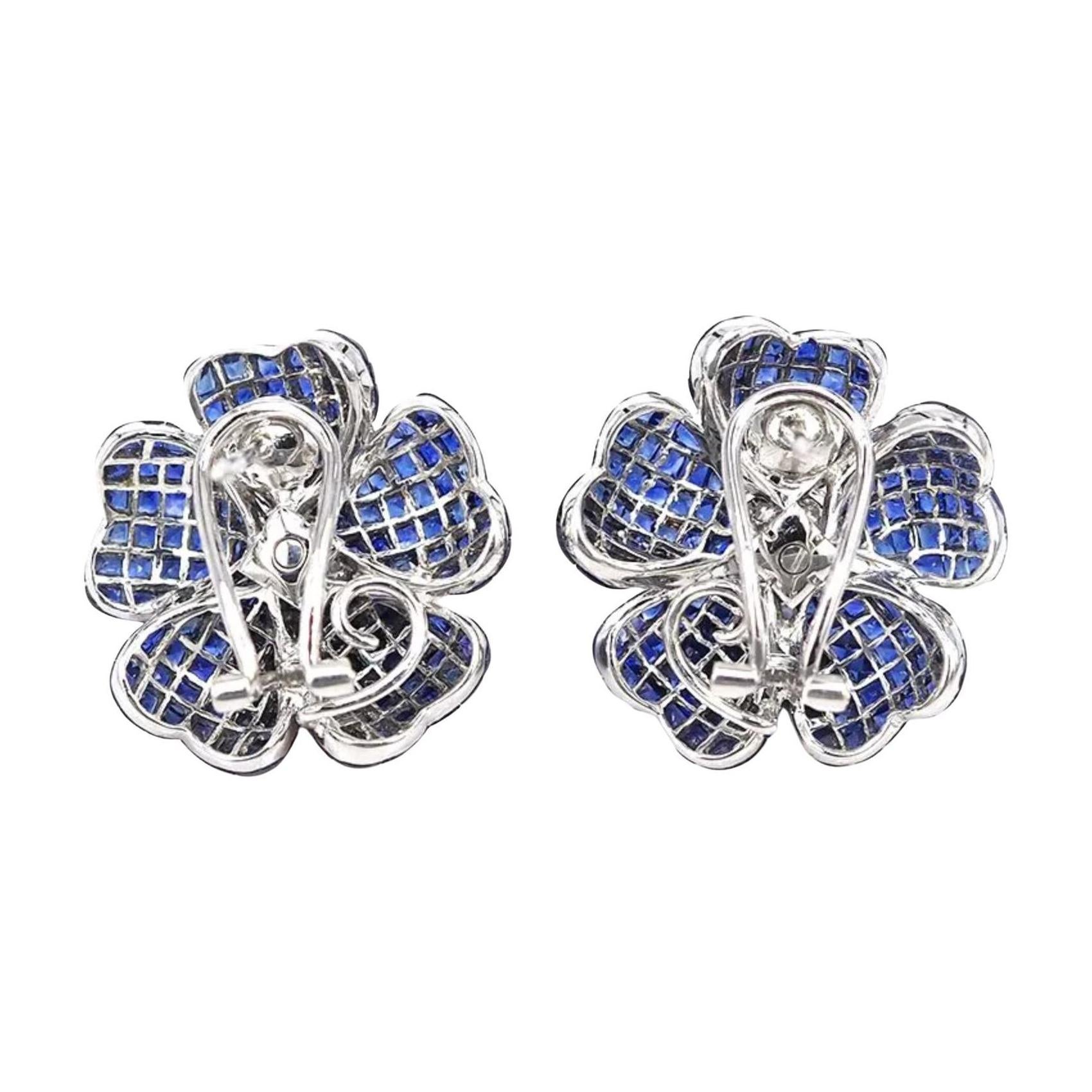 Women's or Men's Medium Invisibly-Set Sapphire Diamond Flower Earrings For Sale