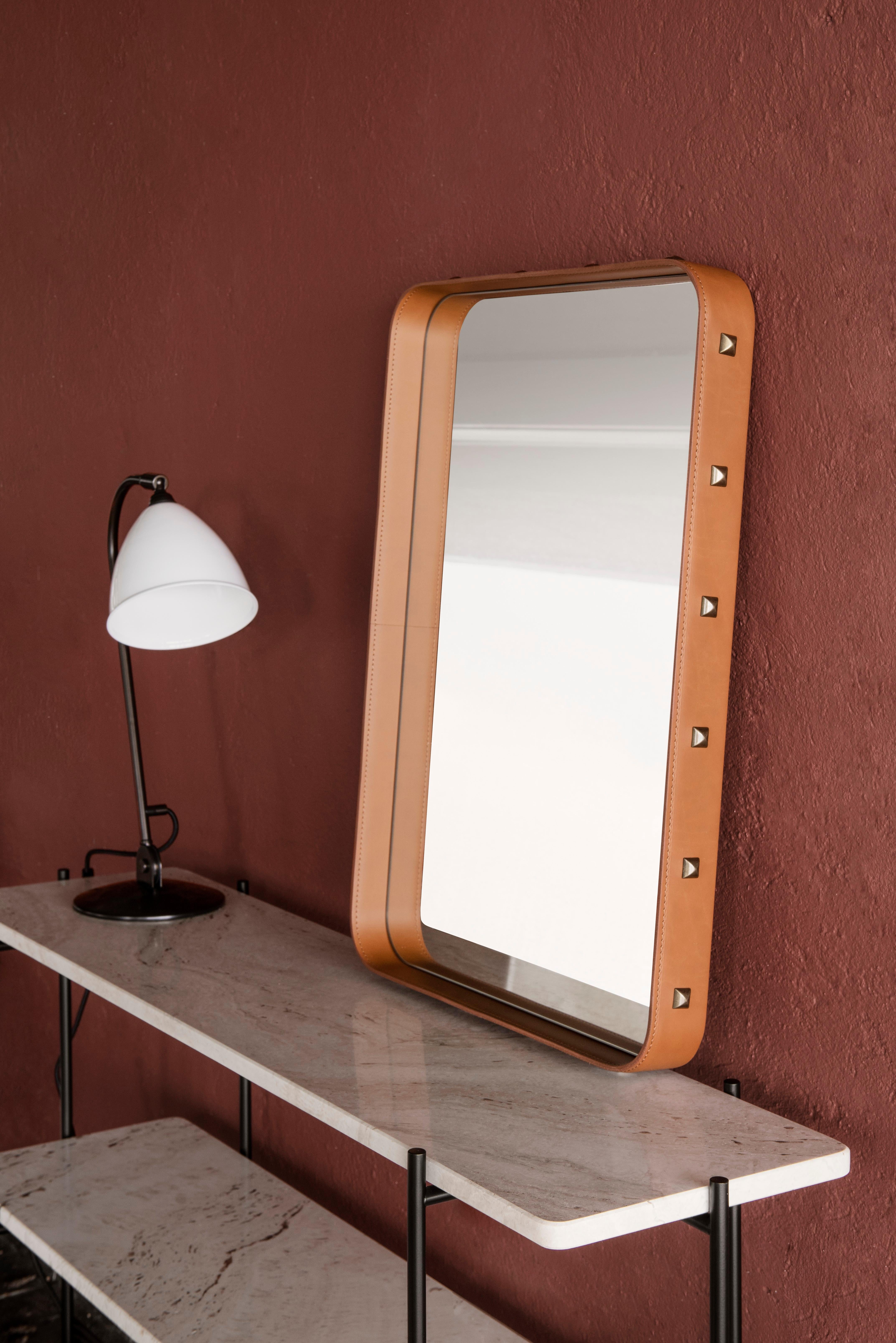 Jacques Adnet 'Rectangulaire' Wall Mirror in Tan Leather for GUBI For Sale 2
