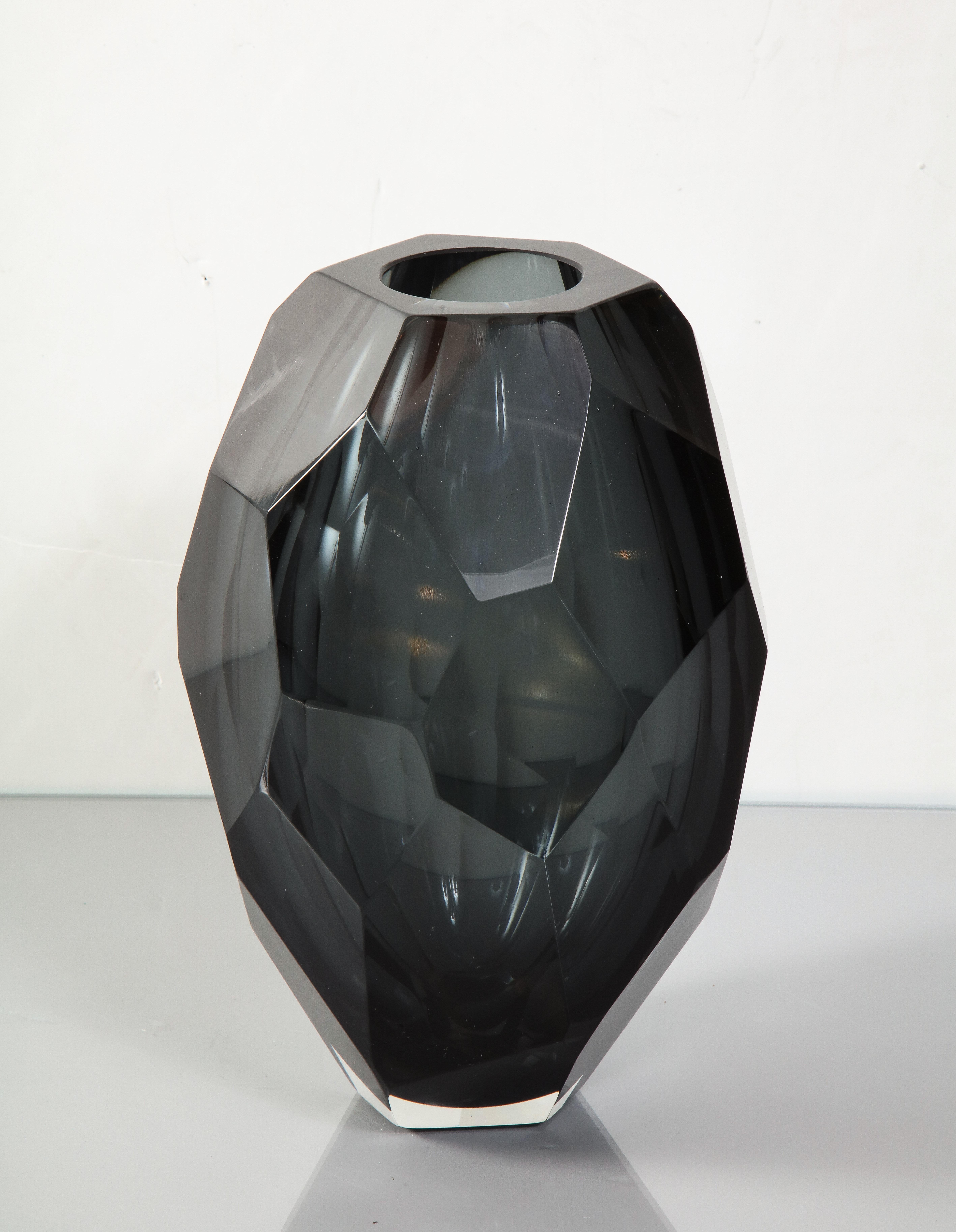 Murano dark gray glass gem cut vase. It is made-to-order and available in different colors.
