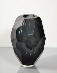 Medium Murano Dark Gray Glass Gem Cut Vase