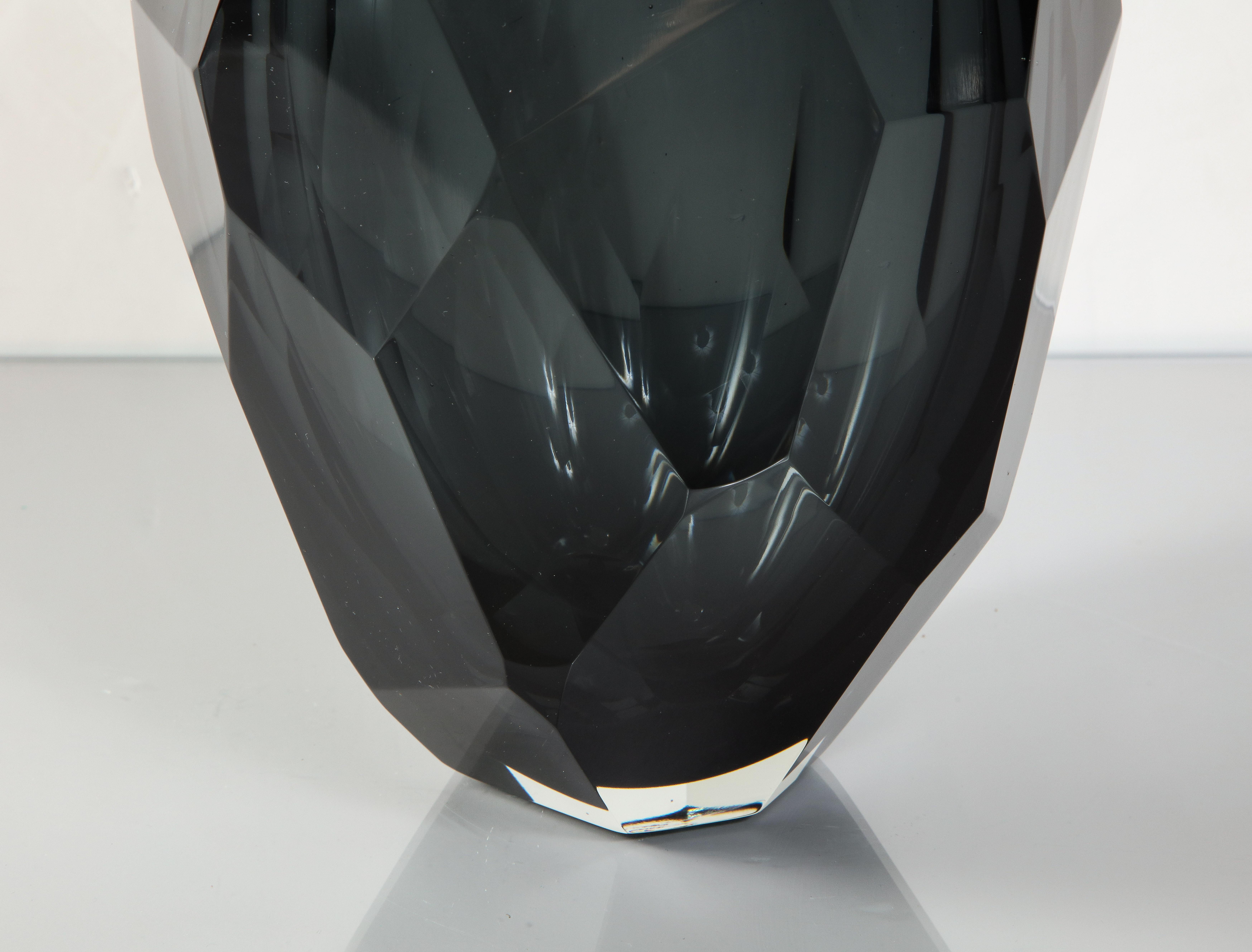 Italian Medium Murano Dark Gray Glass Gem Cut Vase For Sale