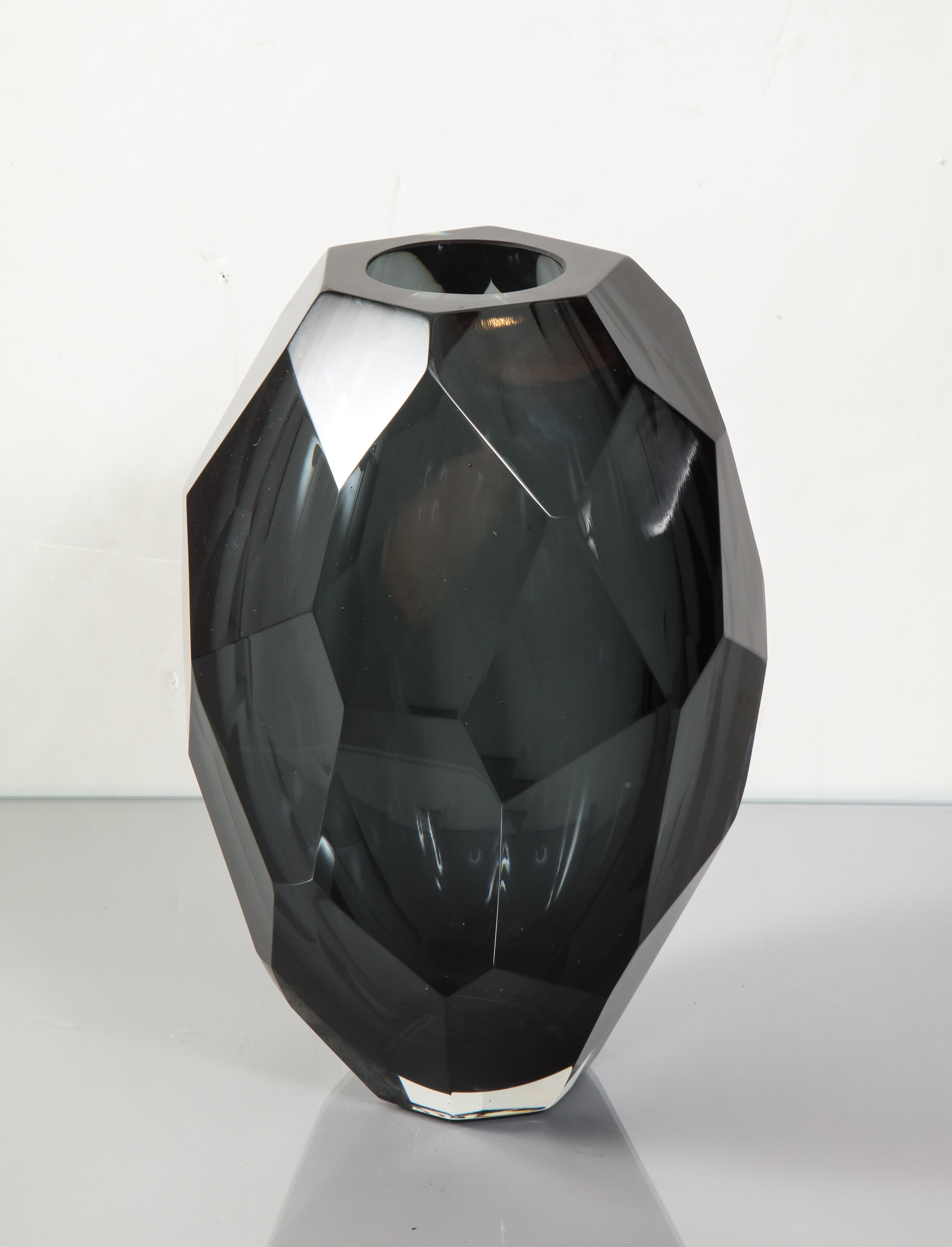 Contemporary Medium Murano Dark Gray Glass Gem Cut Vase For Sale
