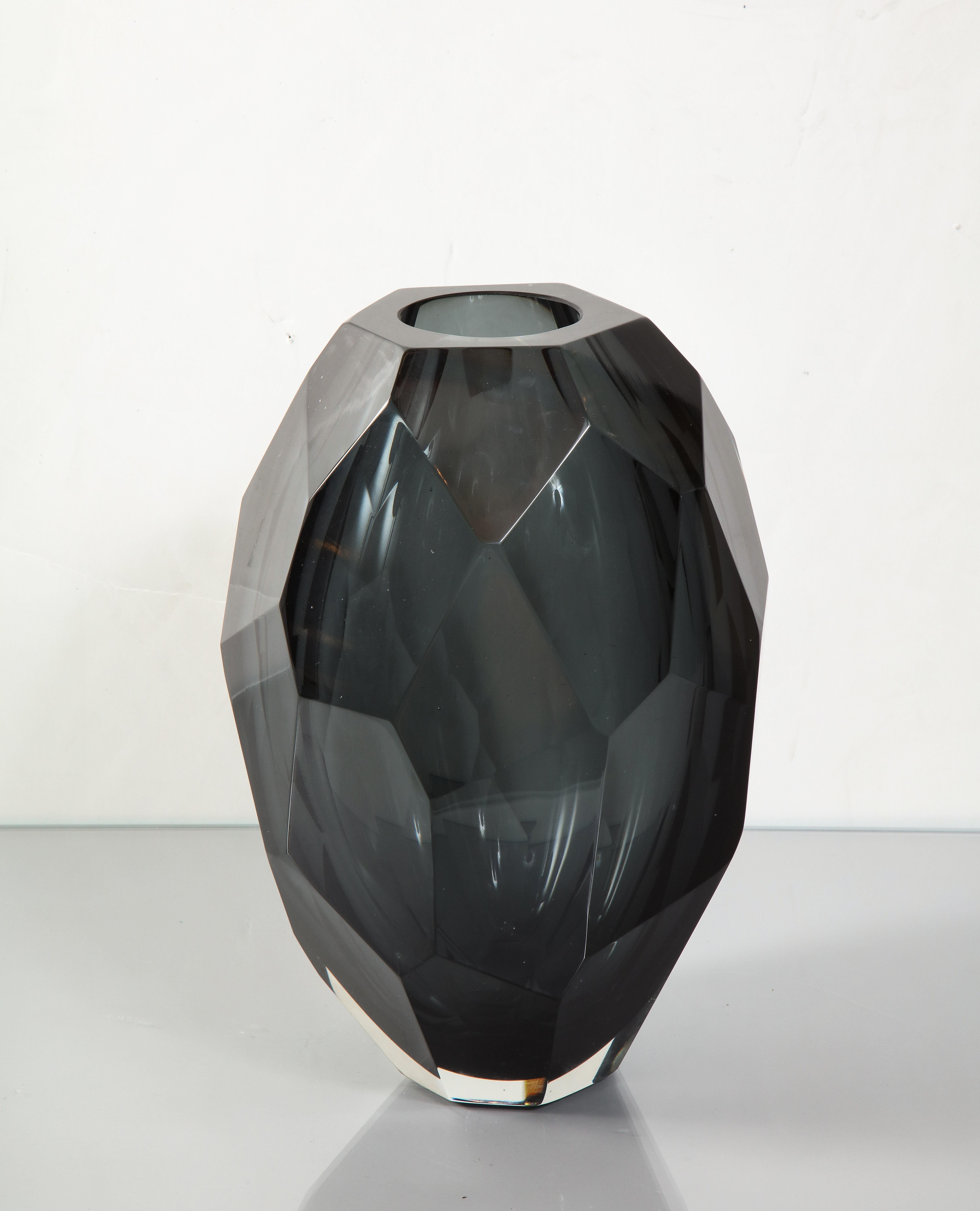 Murano Glass Medium Murano Dark Gray Glass Gem Cut Vase For Sale
