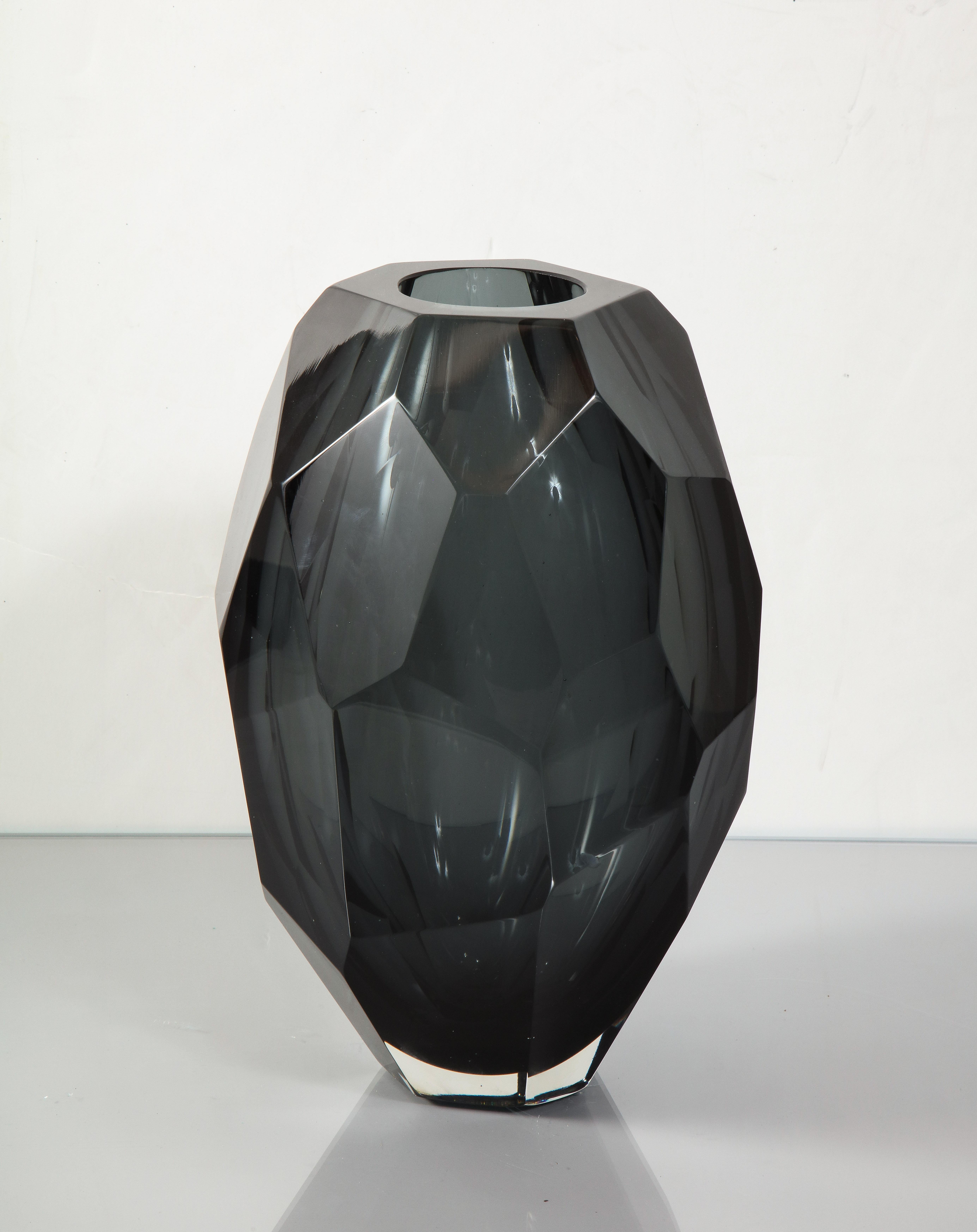 Medium Murano Dark Gray Glass Gem Cut Vase For Sale 1