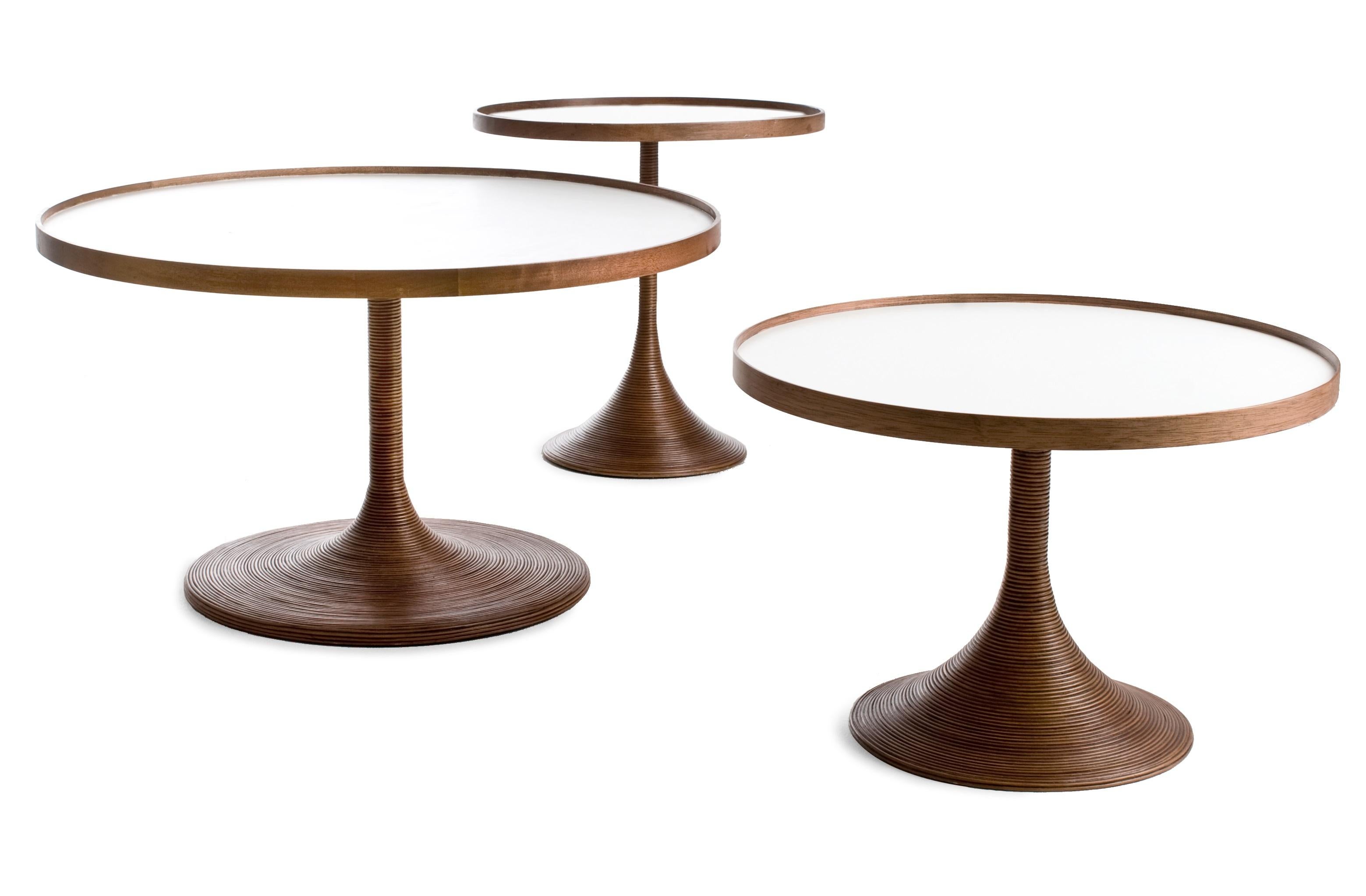 Medium La Luna table by Kenneth Cobonpue
Materials: Rattan, high-pressure laminate, maple. 
Also available in other colors. 
Dimensions: diameter 60 cm x height 40 cm

La Luna’s quiet sophistication is defined by a soft, round shape that feels