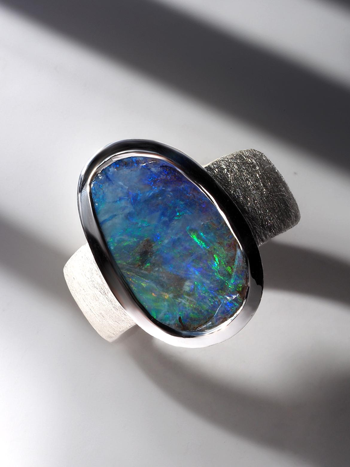 Medium Lagre Blue Boulder Opal Silver Ring 9.5 ct gift 6