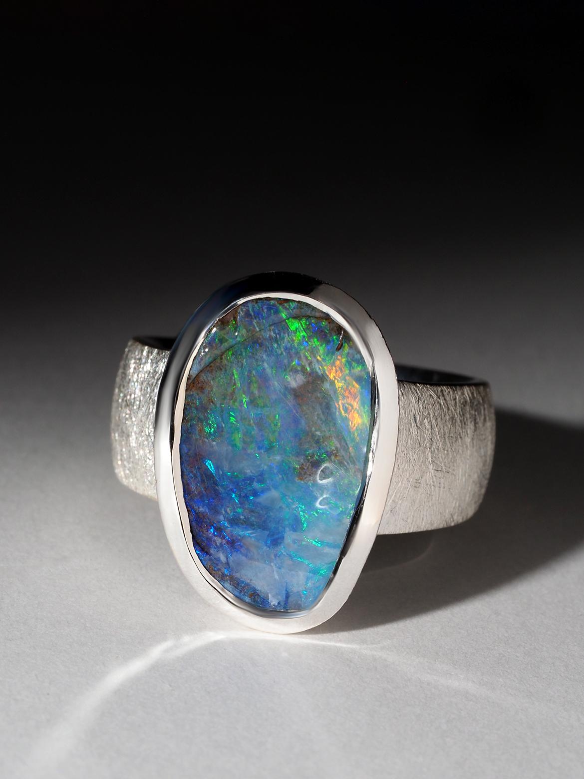 Oval Cut Medium Lagre Blue Boulder Opal Silver Ring 9.5 ct gift