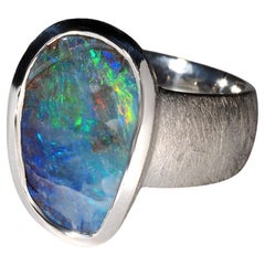 Medium Lagre Blue Boulder Opal Silver Ring 9.5 ct gift