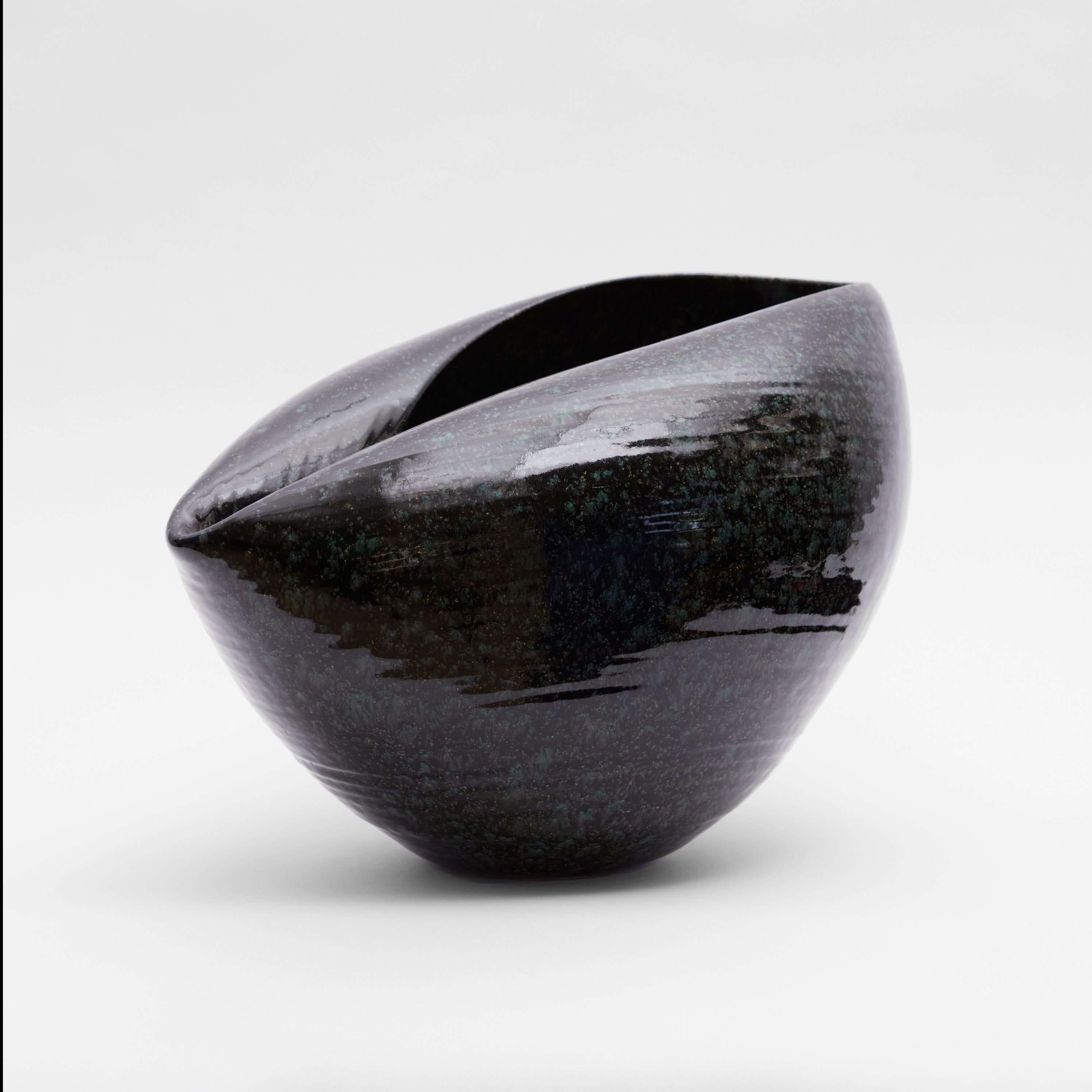 Organic Modern Medium Large Black Cosmic Oval Open Form, Vessel No.106, Ceramic Sculpture For Sale