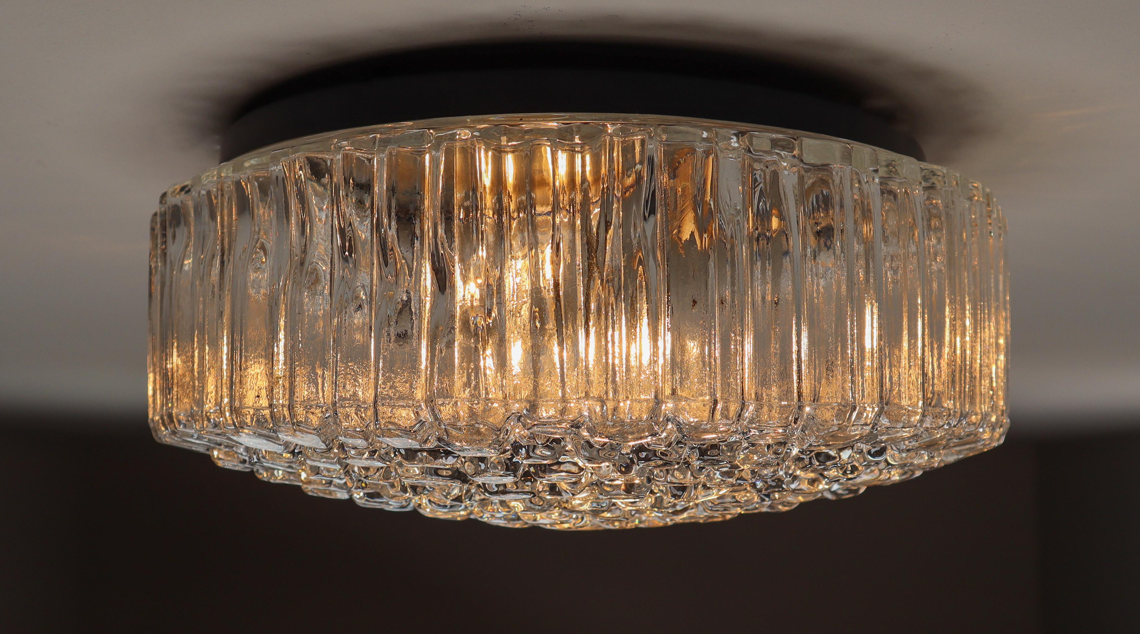 Medium Large Glass Round Flush Mount by Glashütte Limburg, 1960s, Germany In Good Condition In Almelo, NL