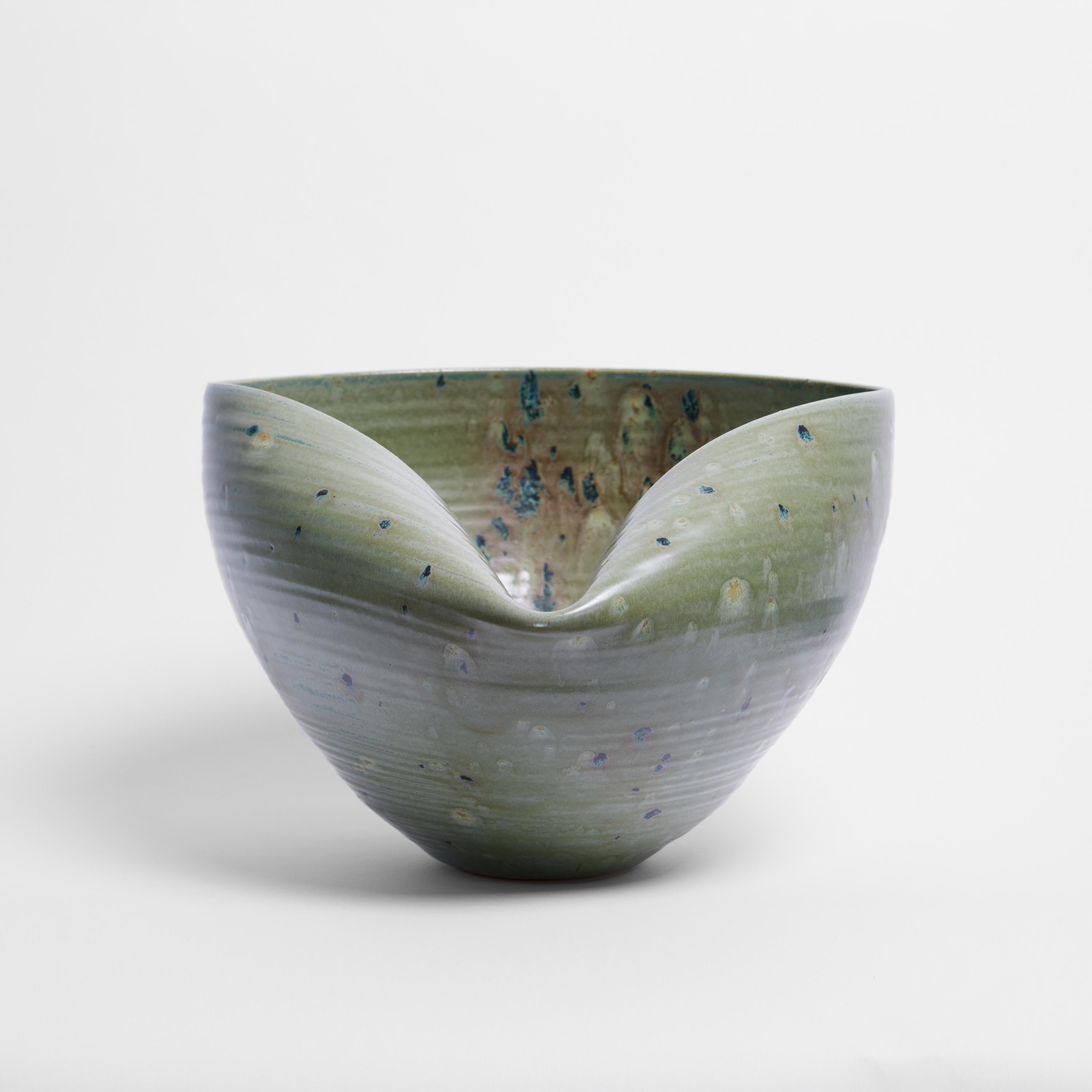 Organic Modern Medium Large Green Collapsed Form, Vessel No.104, Ceramic Sculpture For Sale