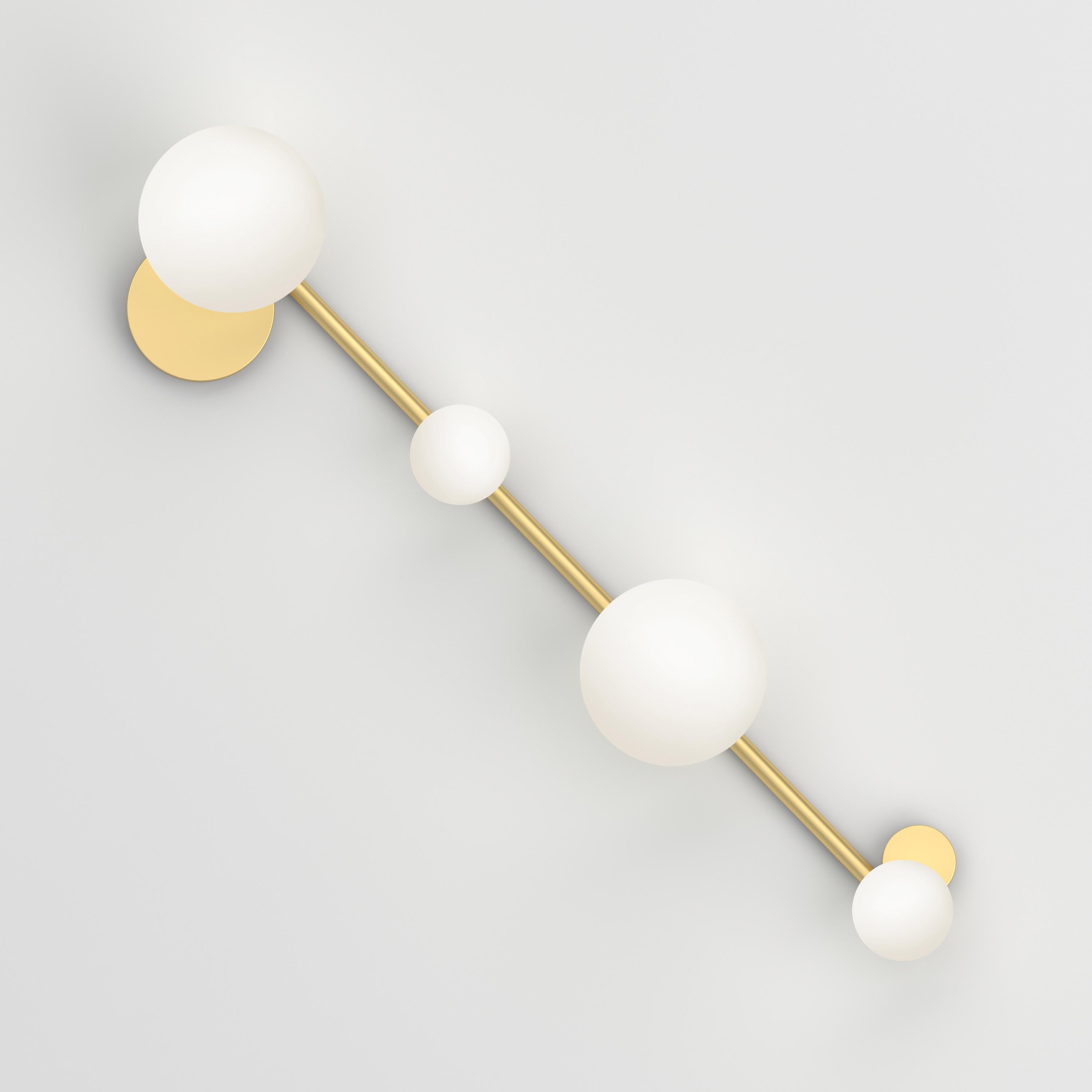 Medium Line, 4 Globes, Ceiling Light by Atelier Areti
Dimensions: D 20 x W 90 x H 18.8 cm.
Materials: Brushed brass, white glass.

All our lamps can be wired according to each country. If sold to the USA it will be wired for the USA for