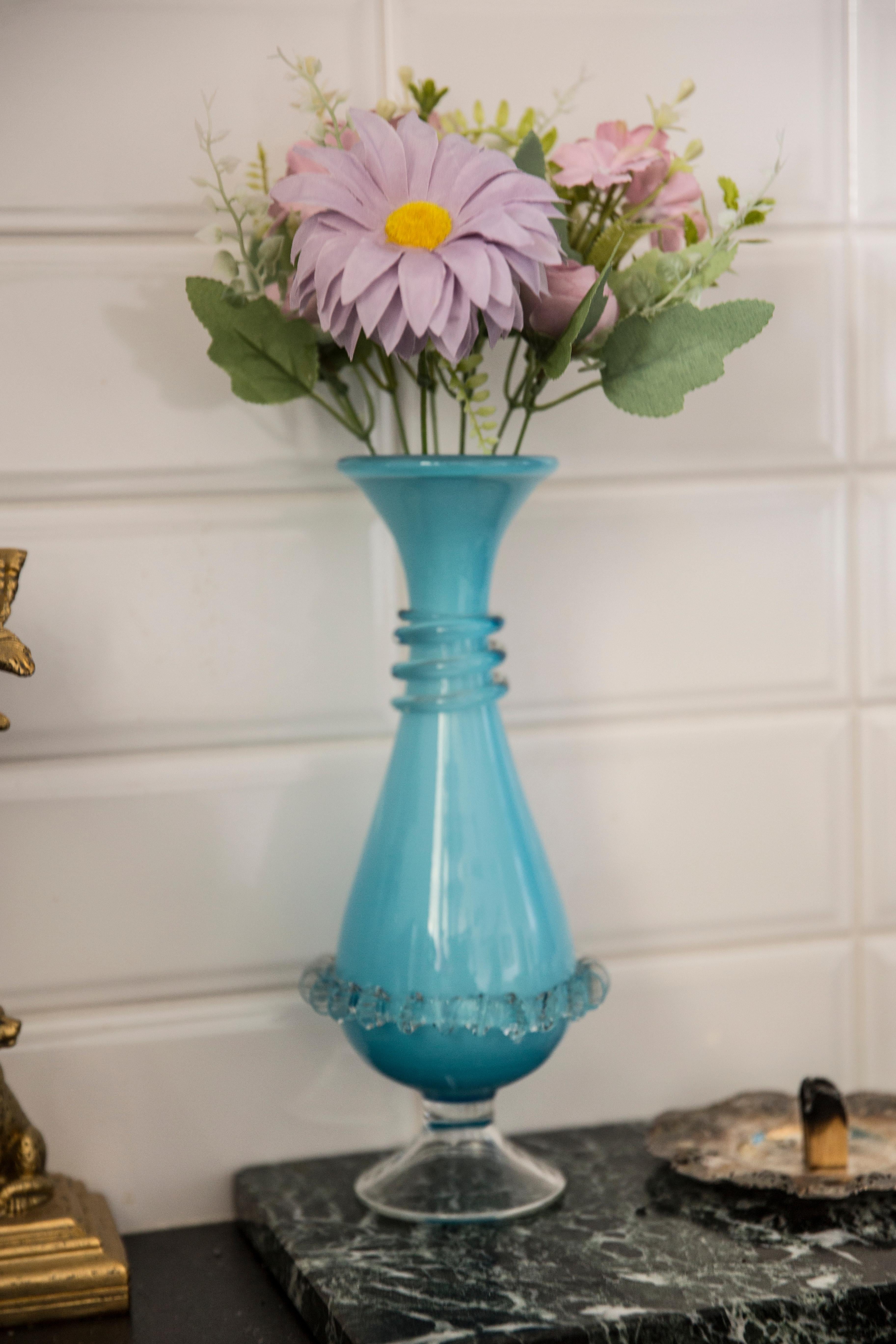 Mid-Century Modern Medium Mid Century Baby Blue Vase with Frill, Europe, 1960s For Sale