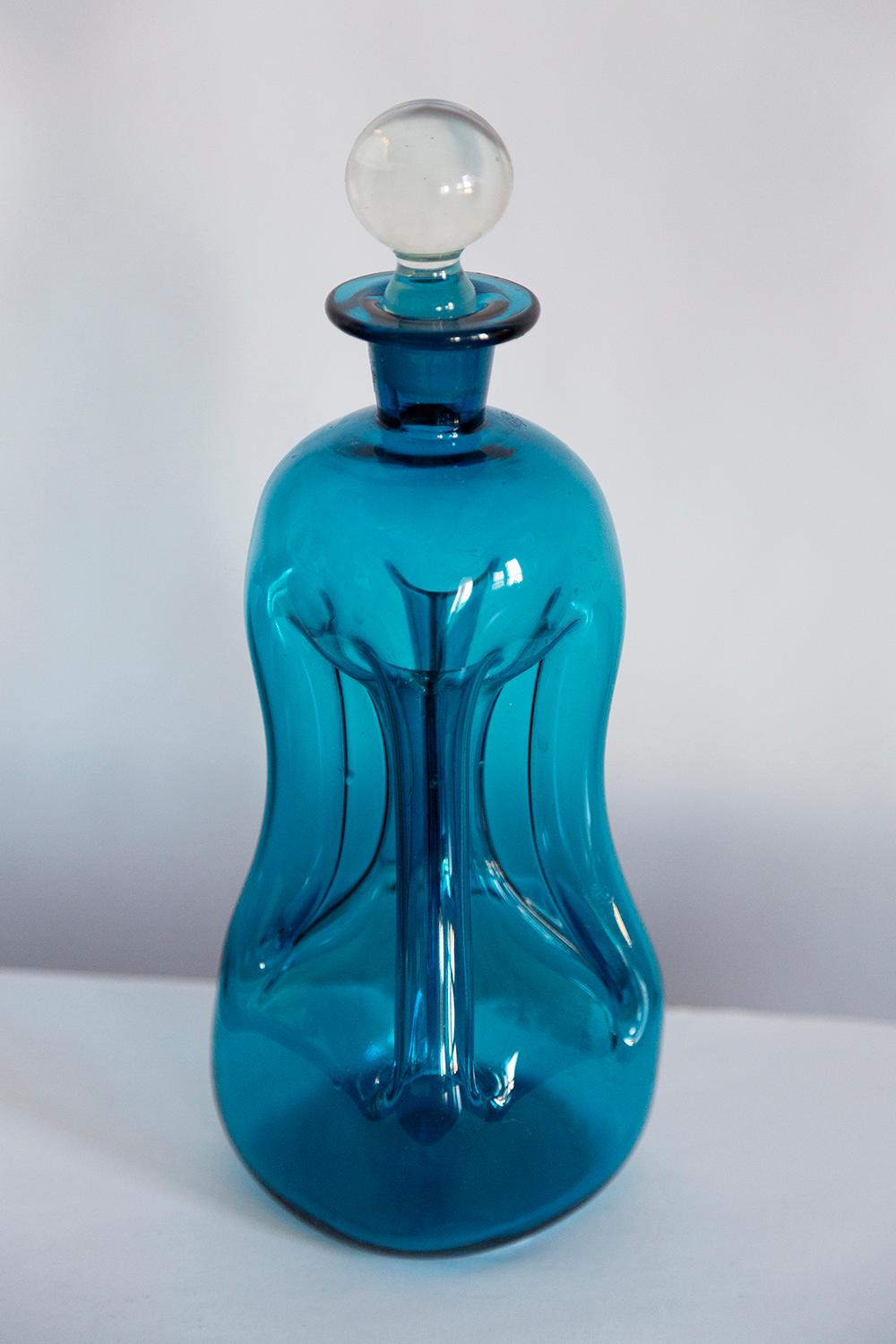 Medium Mid Century Holmegaard Glasswork Blue Vase Decanter, Denmark, 1960s 2