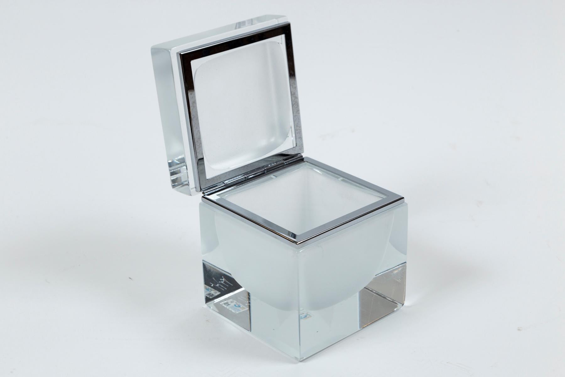 Blown Glass Medium Murano Frosted White Sommerso Square Glass Box, Contemporary For Sale