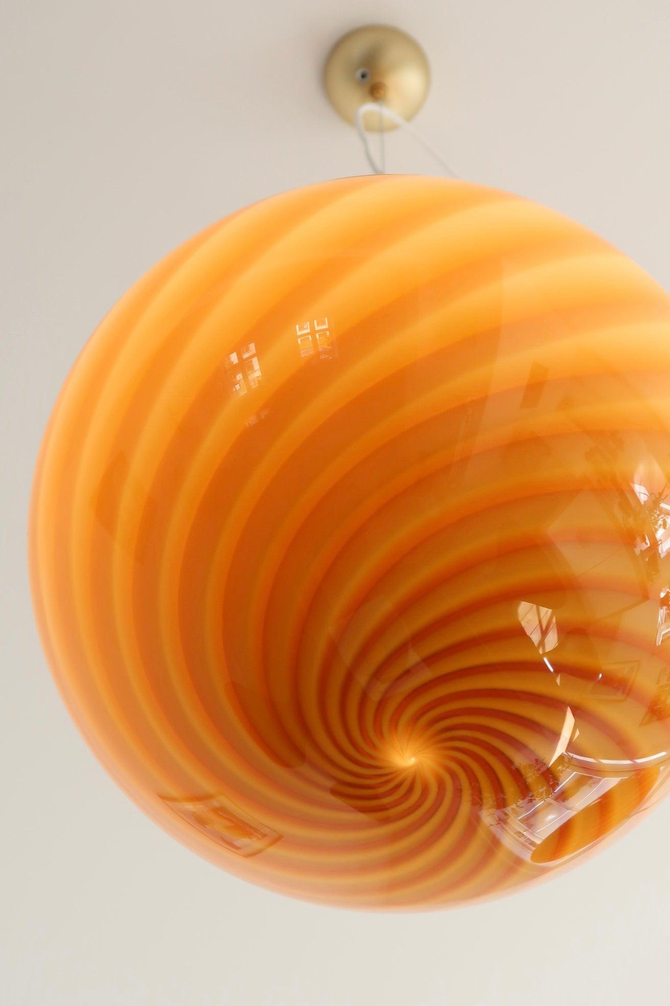 Italian Medium Murano Vintage Candy pendant amber orange swirl glass, made in Italy For Sale