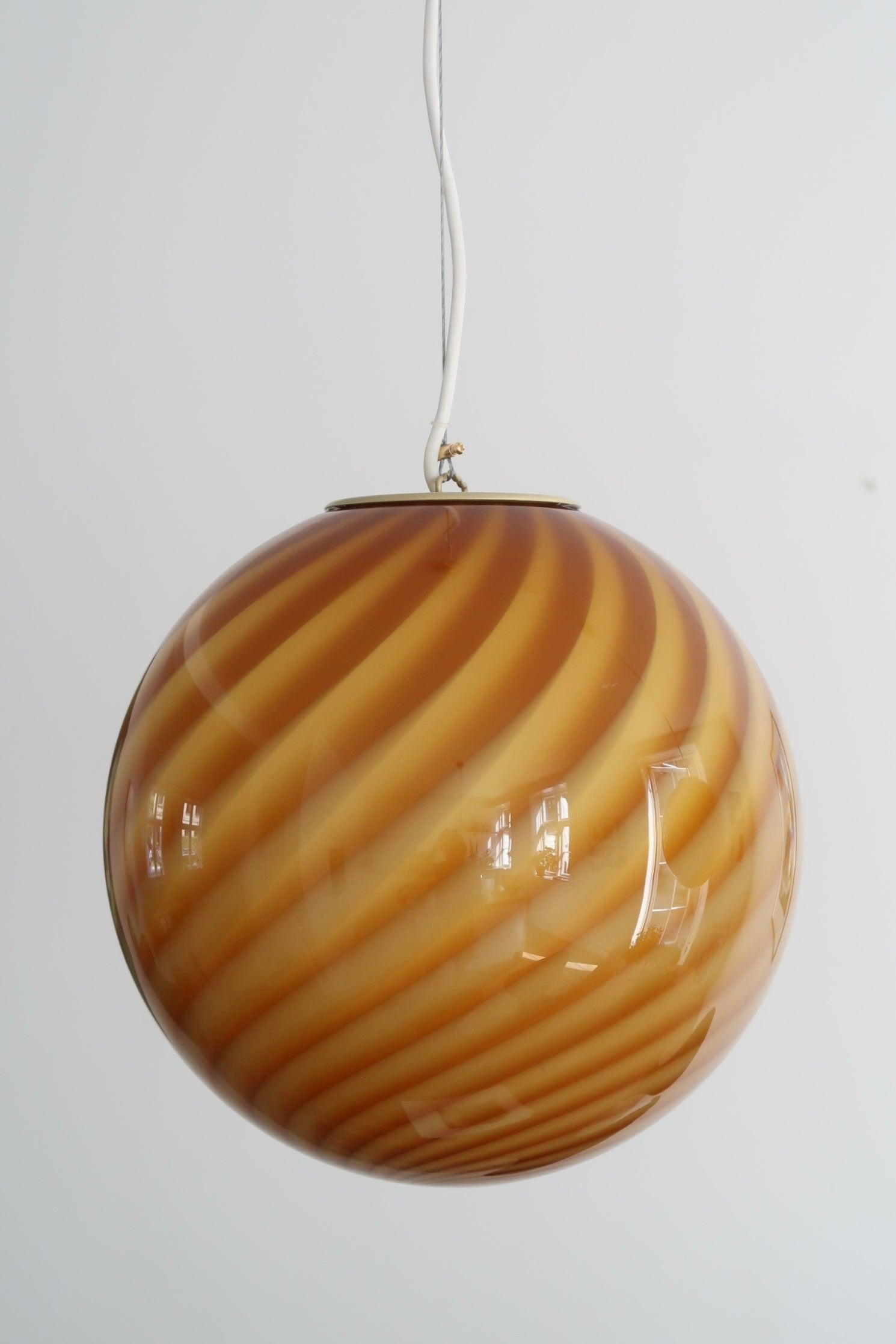 Contemporary Medium Murano Vintage Candy pendant amber orange swirl glass, made in Italy For Sale