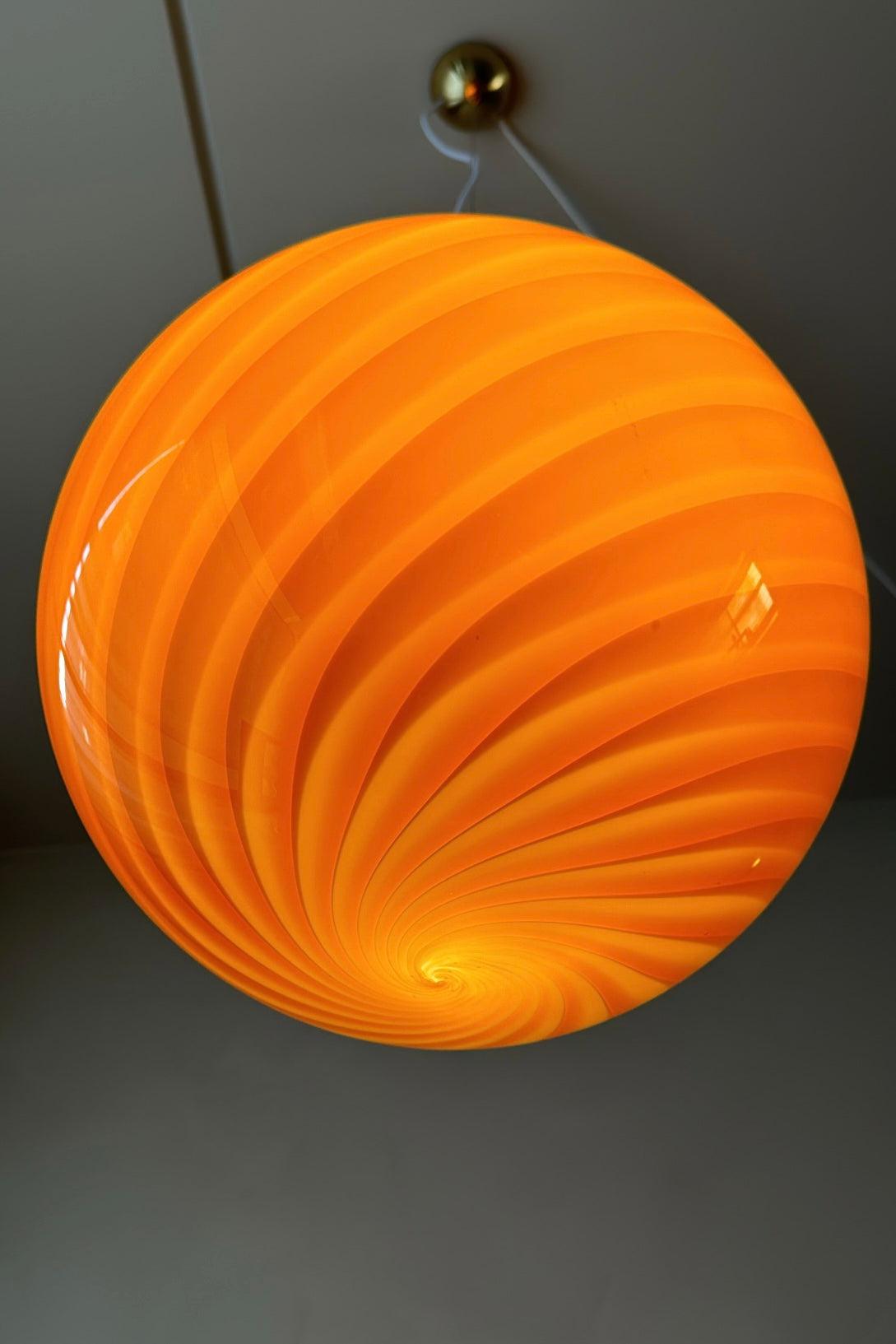 Medium Murano Vintage Candy pendant amber orange swirl glass, made in Italy For Sale 3