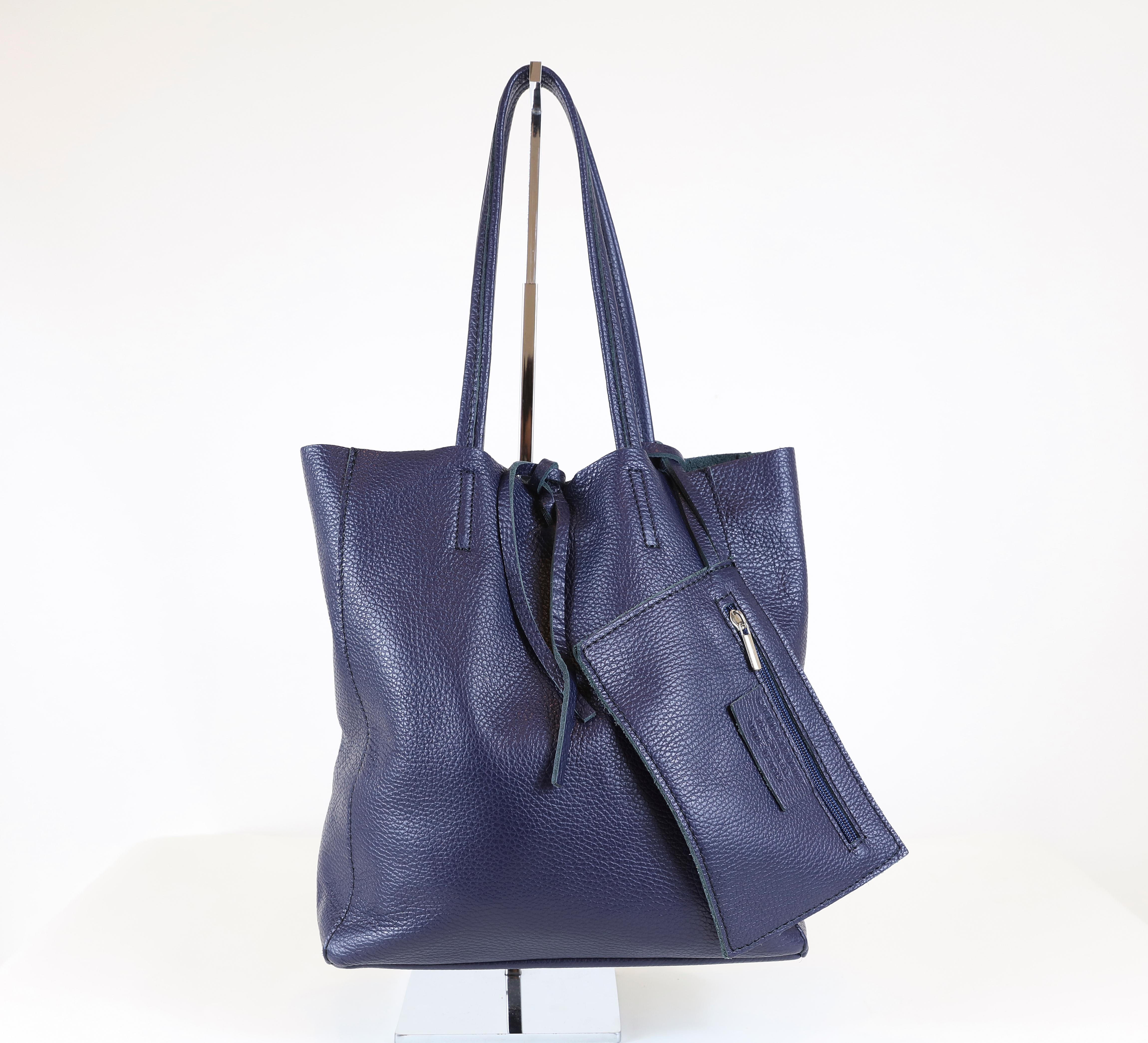 Black Medium Navy Italian Leather Tote